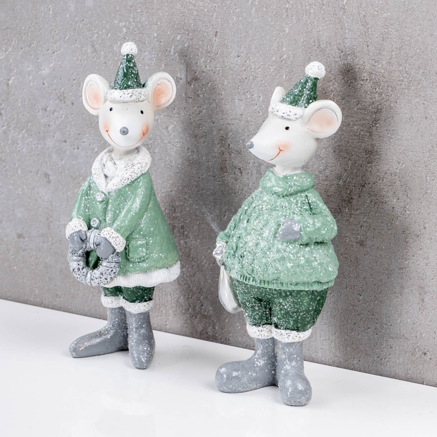 2er Set Maus Figuren Weihnachten Kunstharz Grün Weiß Weihnachtsdeko Tisch-Deko