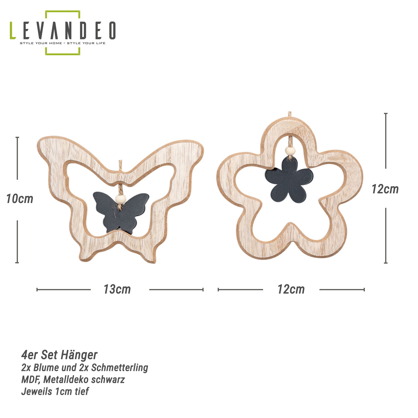 4er Set Deko Anhänger Schmetterling Blume MDF Holz Natur Hängedeko Frühling Deko