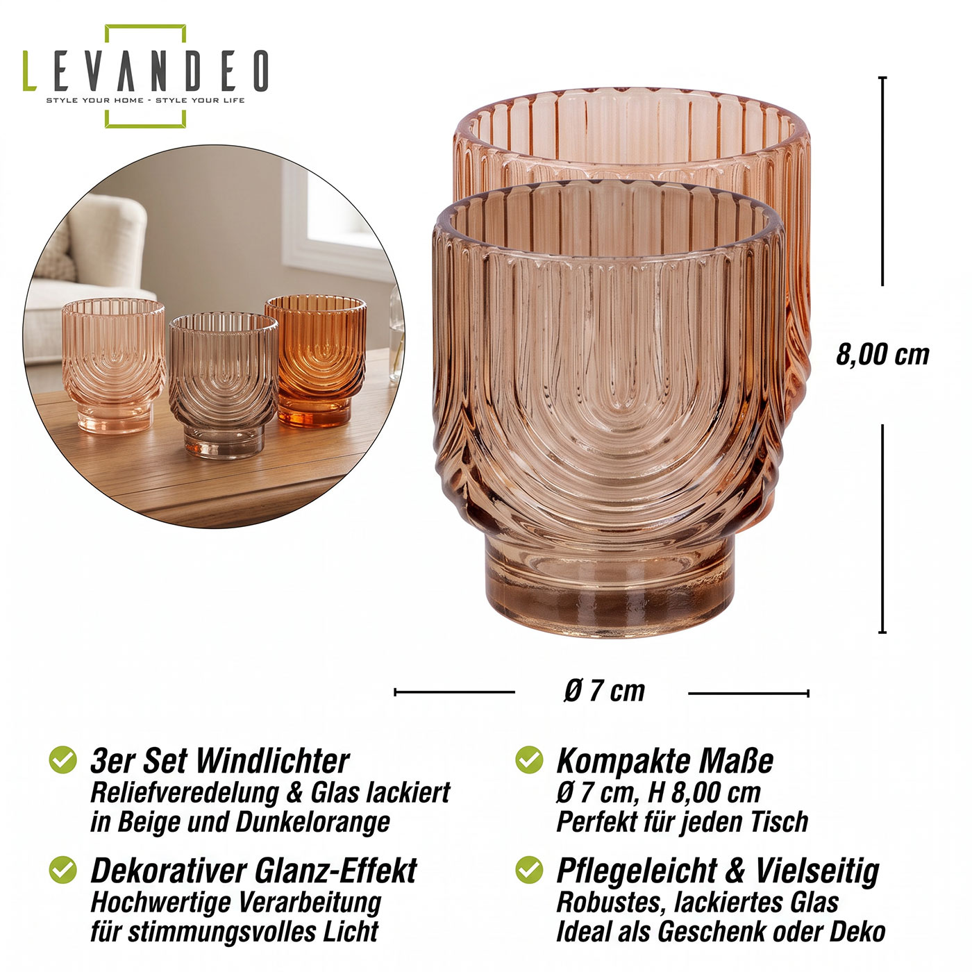 3er Set Kerzenglas Teelichthalter Bernstein Beige Orange Windlichter Herbst Deko
