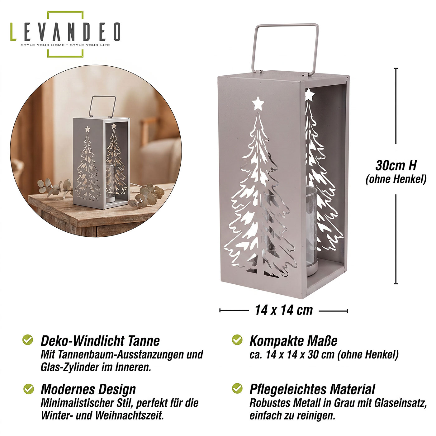 Metall Windlicht Grau H30cm Laterne Kerzenglas Weihnachten Weihnachtsdeko Baum