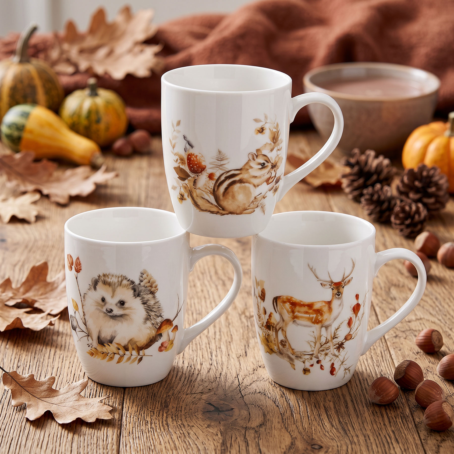 3er Set Kaffeetasse 340ml Porzellan Waldtiere Igel Hirsch Eichhörnchen Herbst