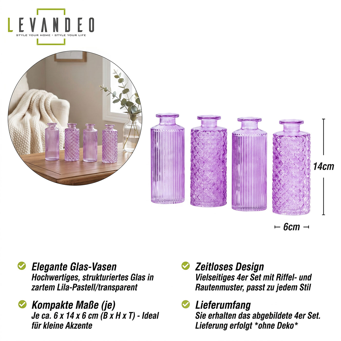 4er Set Vase Glas Lila H14cm Blumenvase Tischdeko Frühling Blumendeko Glasvase