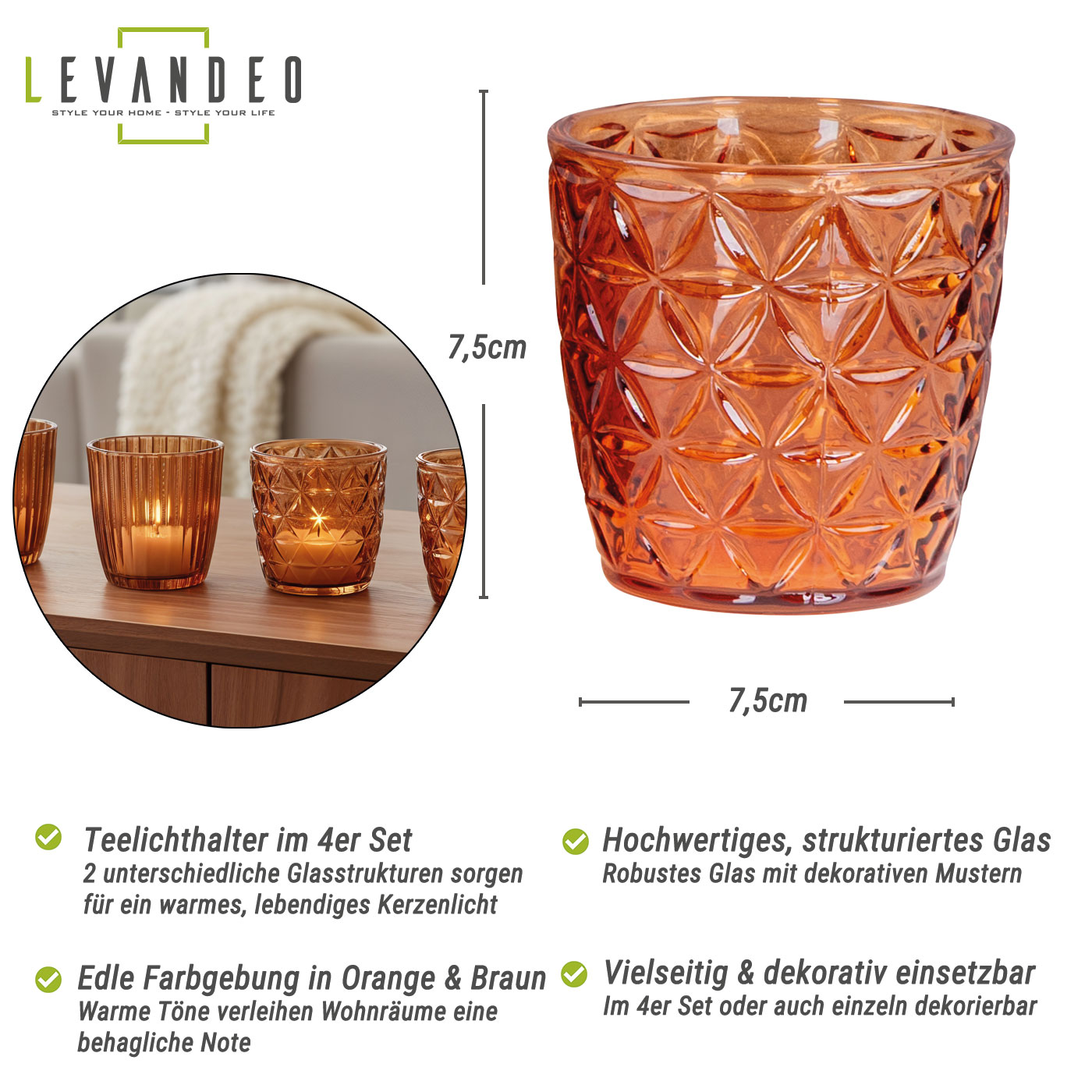 4er Set Windlicht 7,5cm Glas Orange Braun Teelichthalter Tischdeko Kerzen Herbst