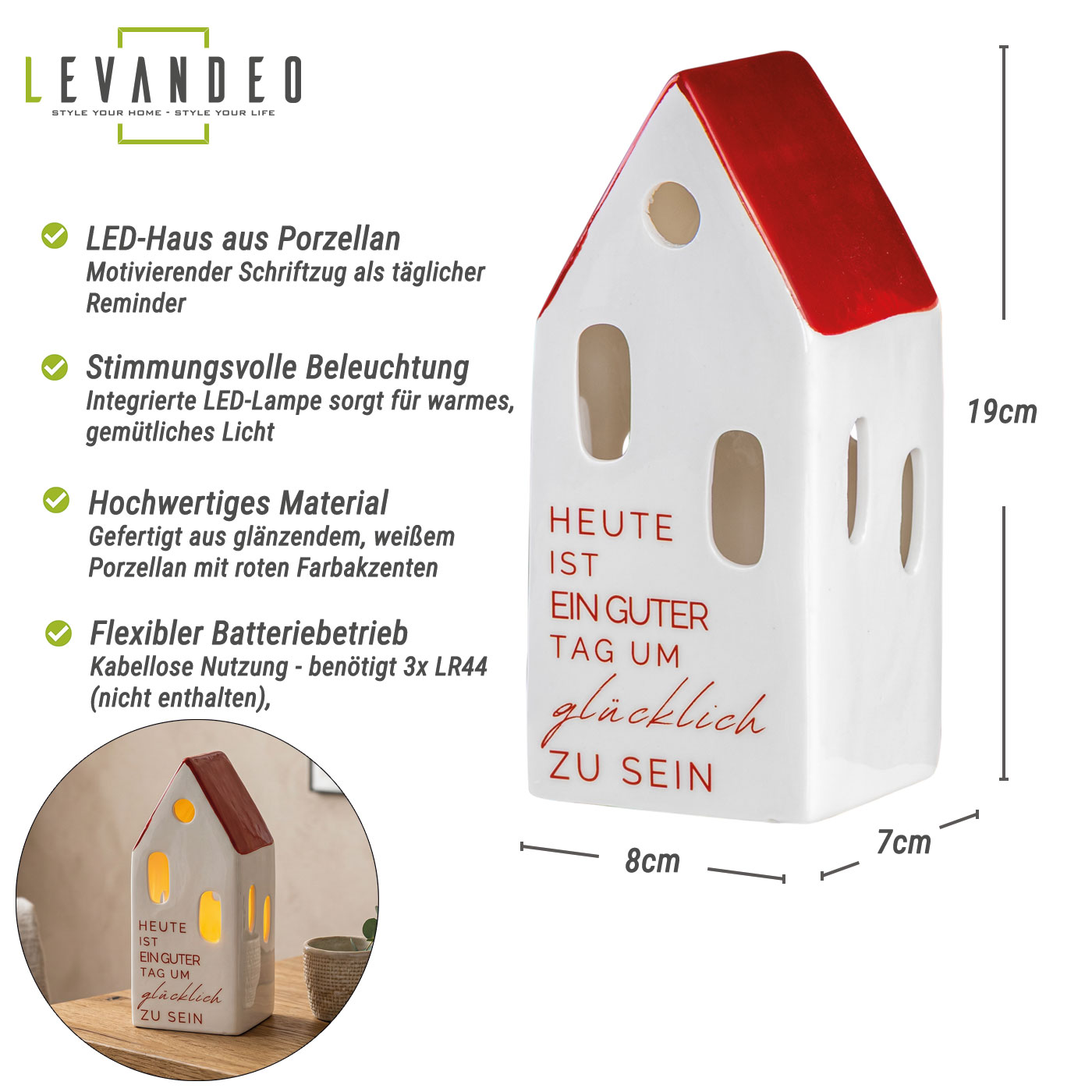 LED Haus Weiß Rot Porzellan Tischdeko Spruch Deko Aufsteller Schriftzug Lichthaus