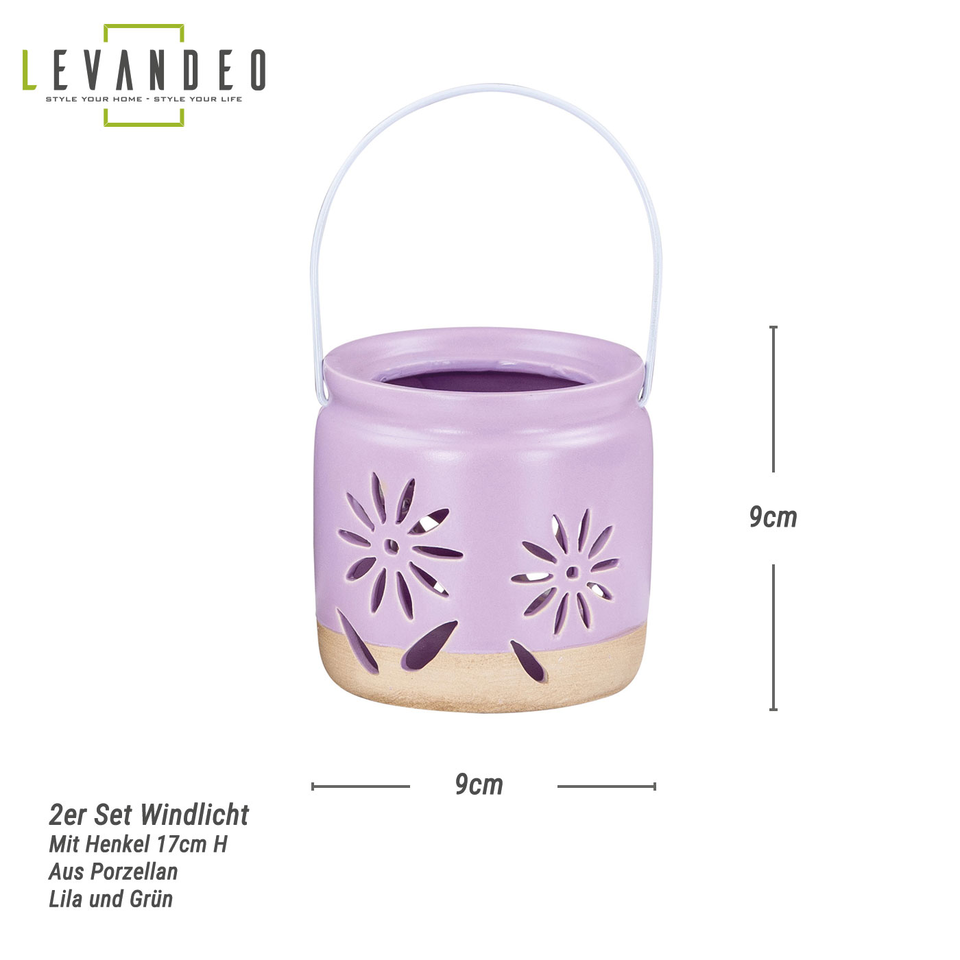 2er Set Windlichter H9cm Lila Grün Porzellan Teelichthalter Blume Frühling Tischdeko