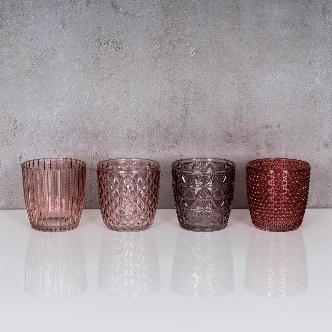 4er Set Windlicht H7,5cm Glas Rosa Rot Teelichthalter Tischdeko Kerzen Retro Deko