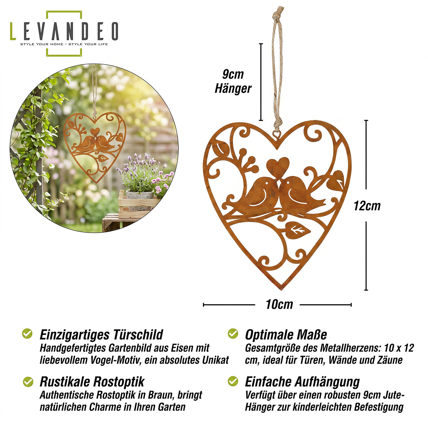 Schild Herz 10x12cm Vogel Gartendeko Türschild Edelrost Wandbild Rostdeko Deko