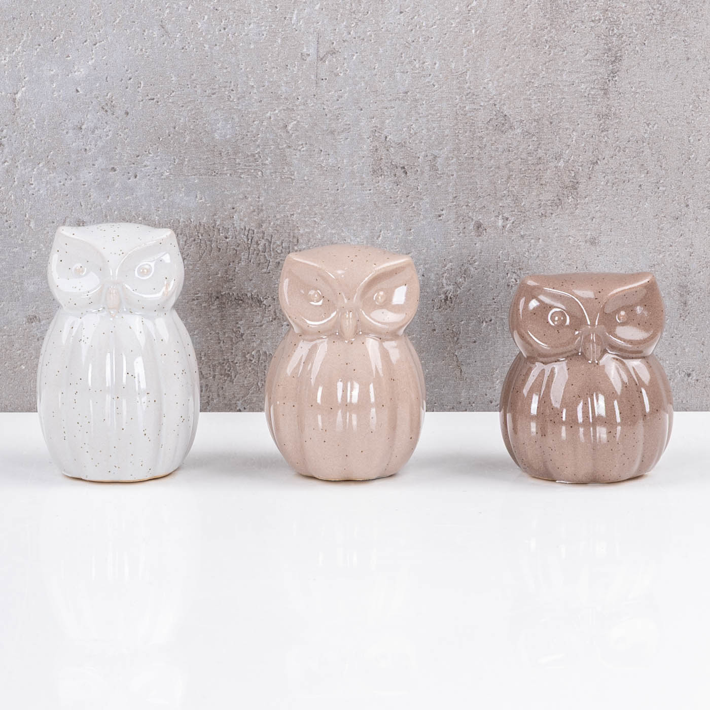 3er Set Eulen Porzellan Figur Braun Grau Taupe Dekofigur Tischdeko Wohndeko Deko