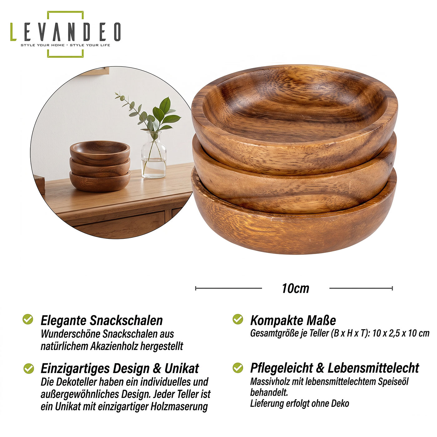 3er Set Teller Akazie Ø10cm Holzteller Dipschale Snackschale Dekoteller Unikat