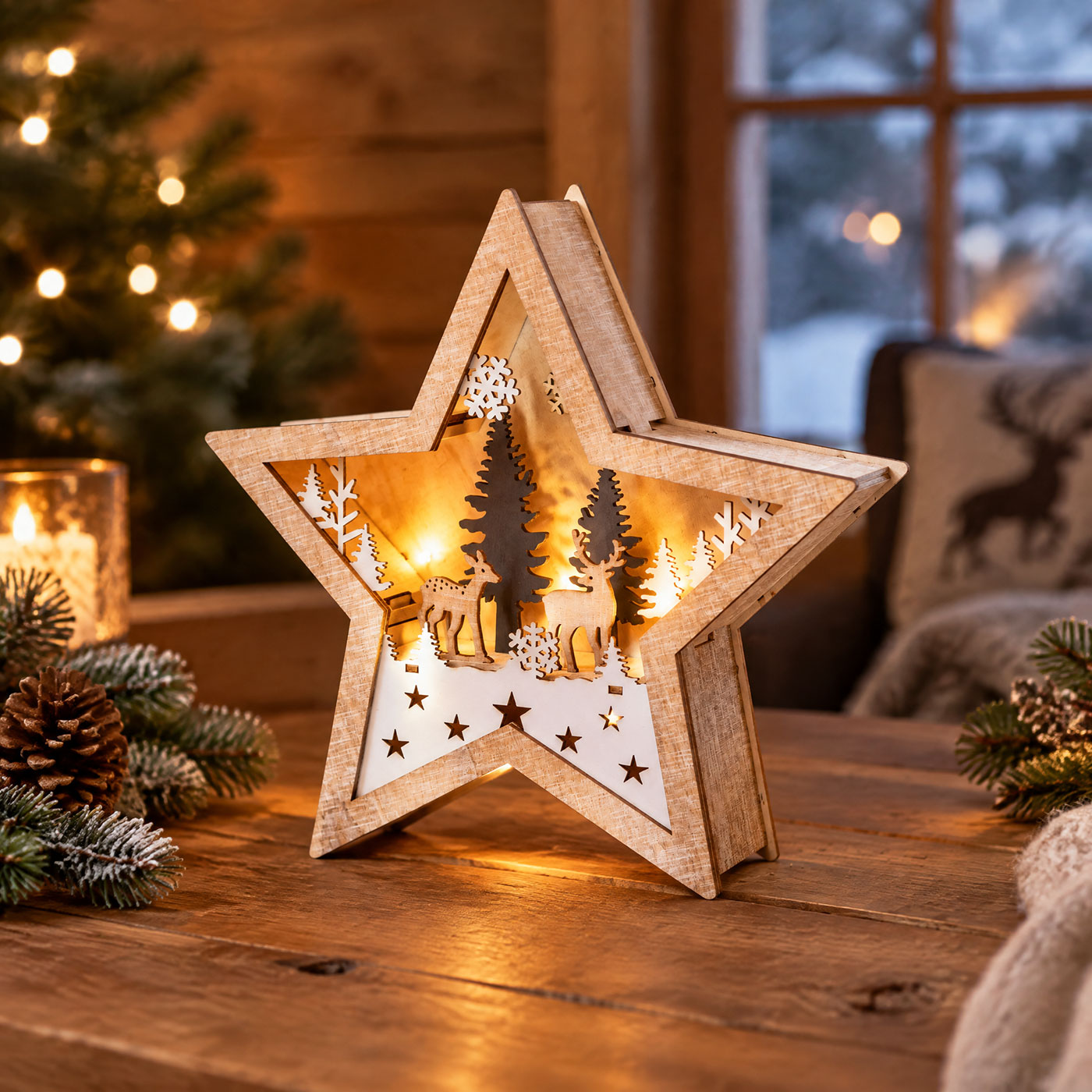 LED Stern Holz 25x25cm Deko Leuchte Weihnachten Tischdeko Weihnachtsstern Lampe