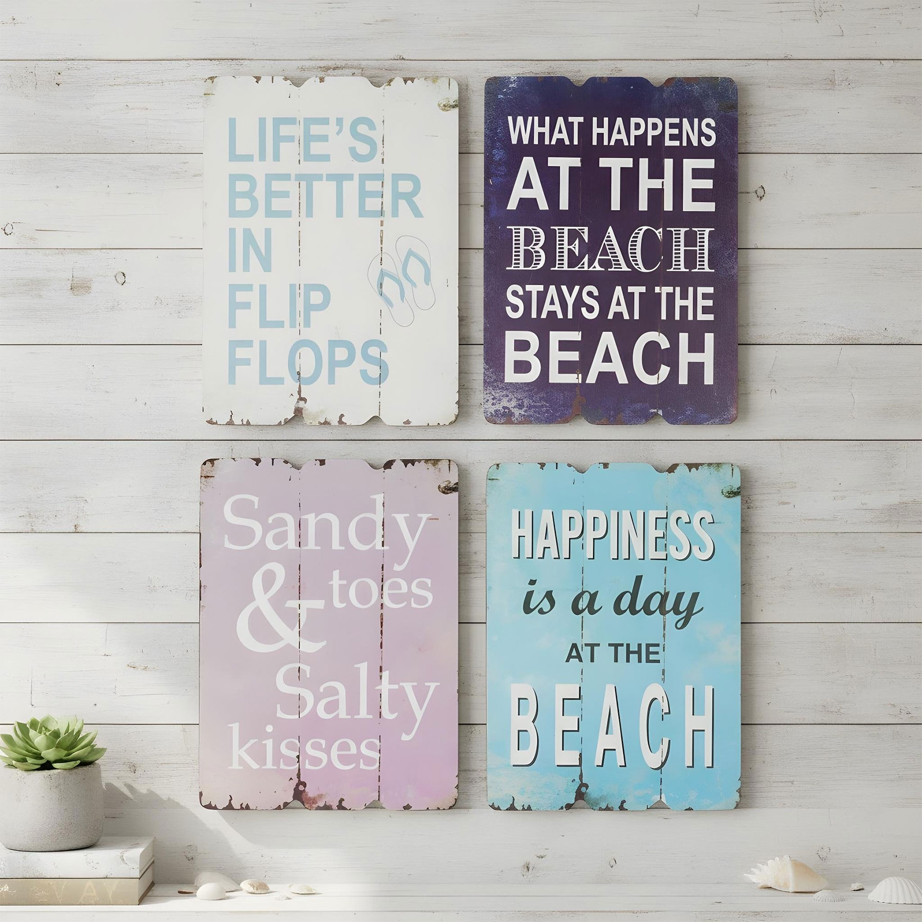 4er Set Wandbilder Strand Meer MDF Holz Dekoschild Shabby Beach Maritim Wanddeko