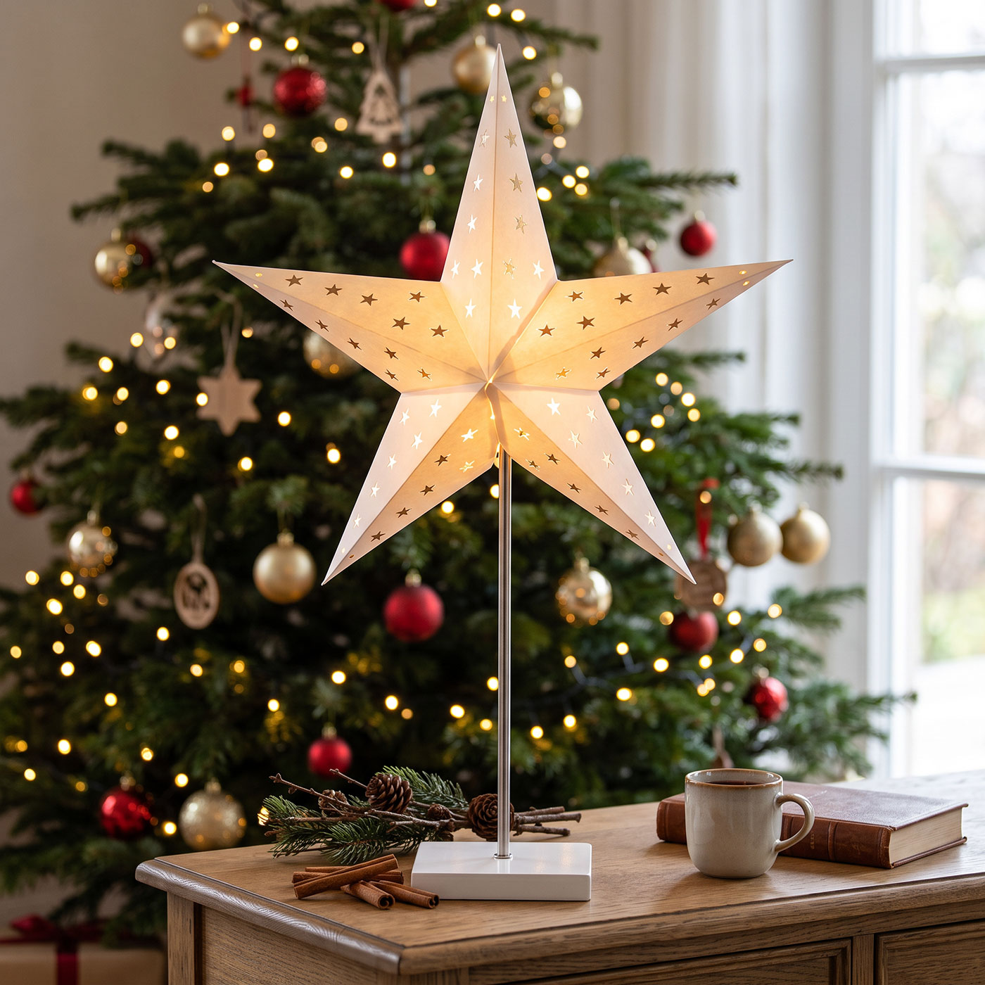 LED Leuchtstern Weiß H65cm mit Standfuß Weihnachtsstern Tischdeko Weihnachtsdeko