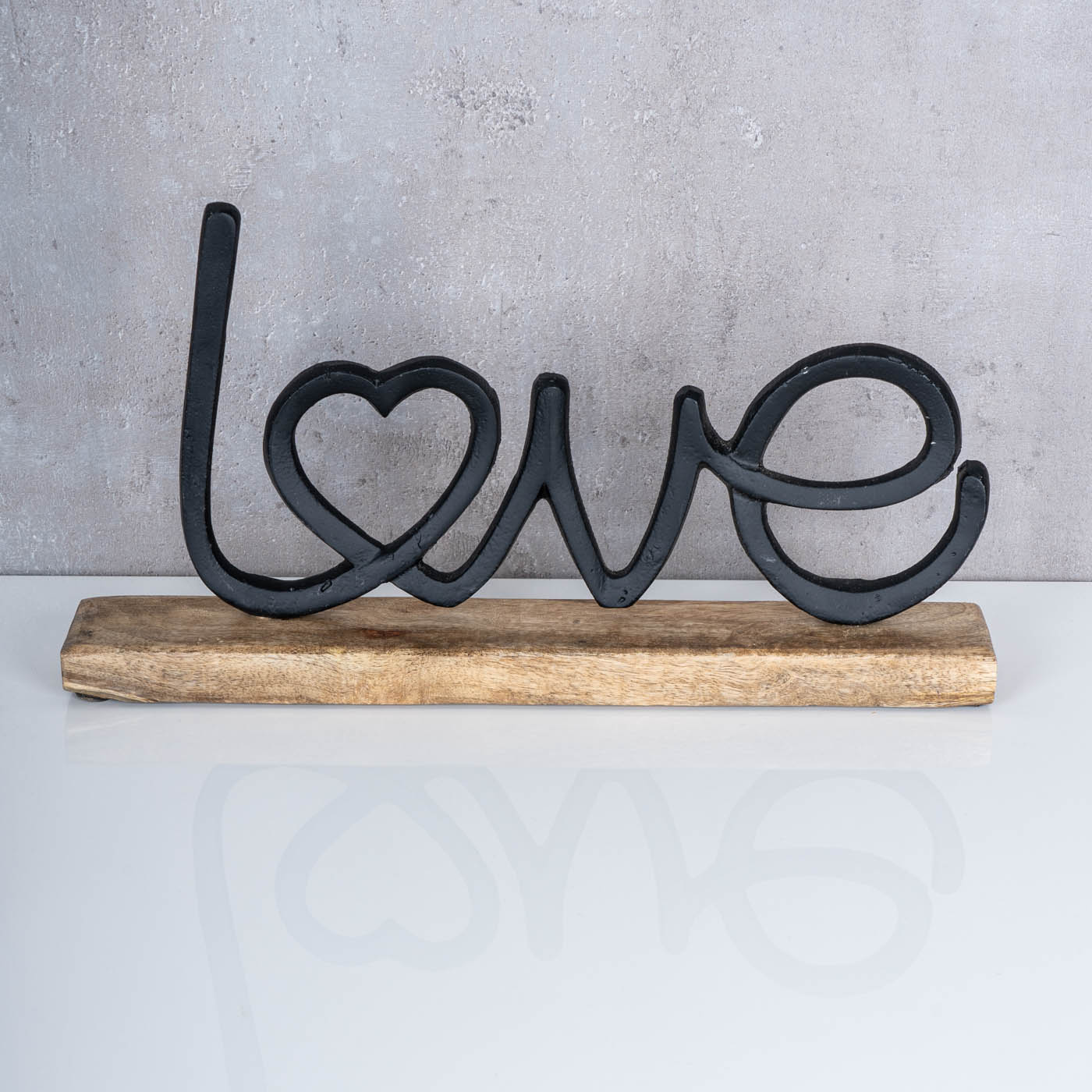 Aufsteller Schriftzug Love H17cm Metall Schwarz Holz Deko Mangoholz Tischdeko