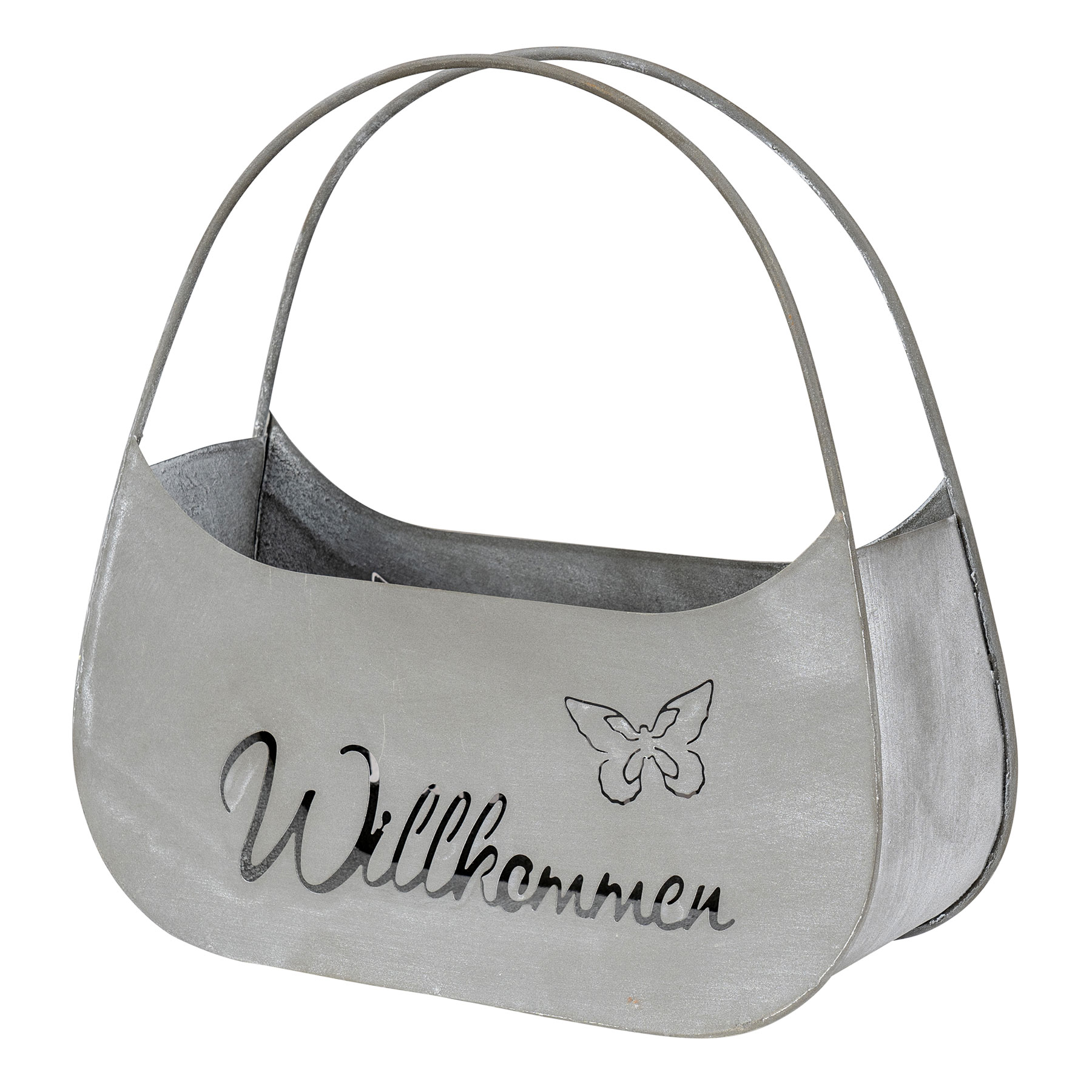 Blumentopf Tasche Willkommen L25cm Grau Metall Pflanztopf Garten-Deko Blumen