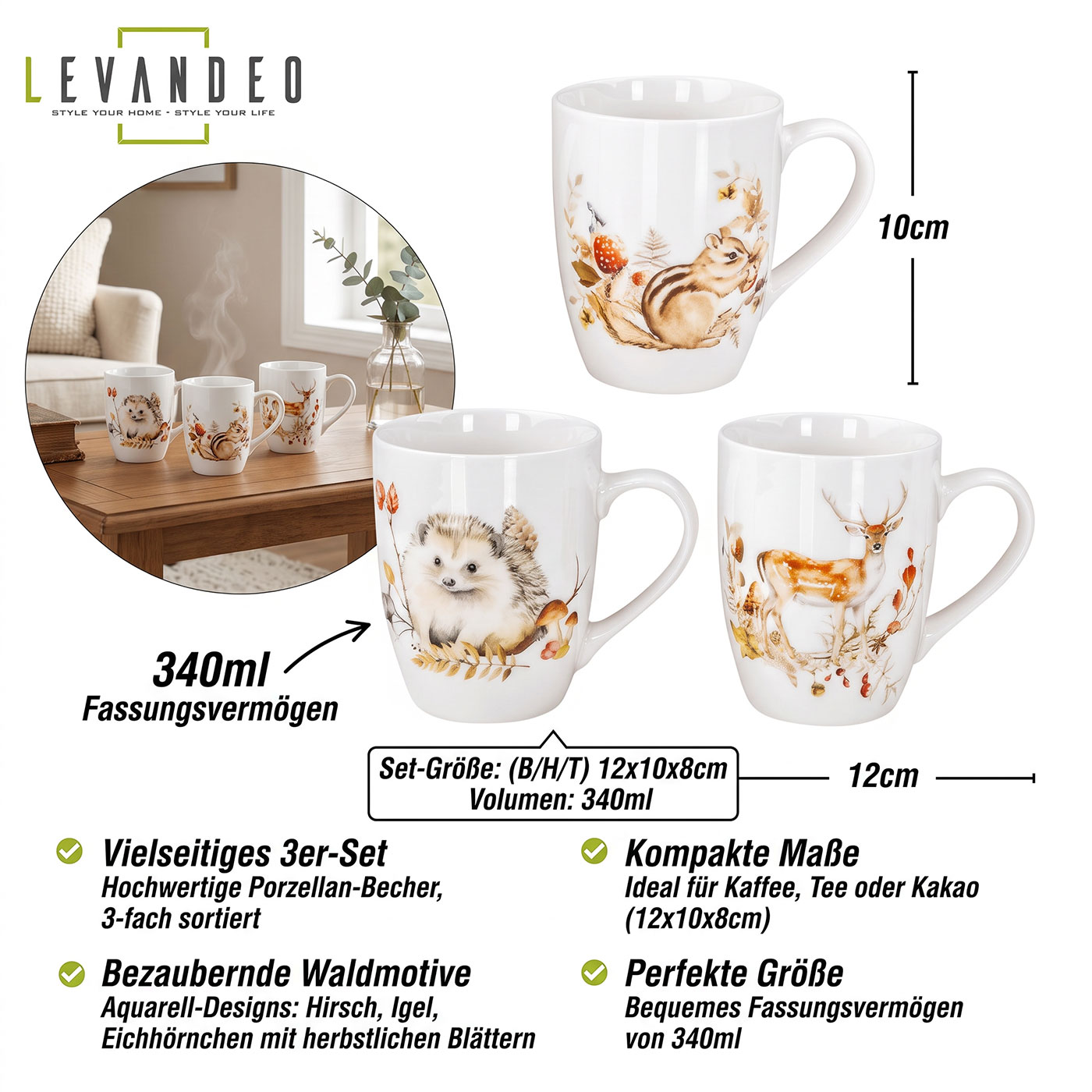 3er Set Kaffeetasse 340ml Porzellan Waldtiere Igel Hirsch Eichhörnchen Herbst