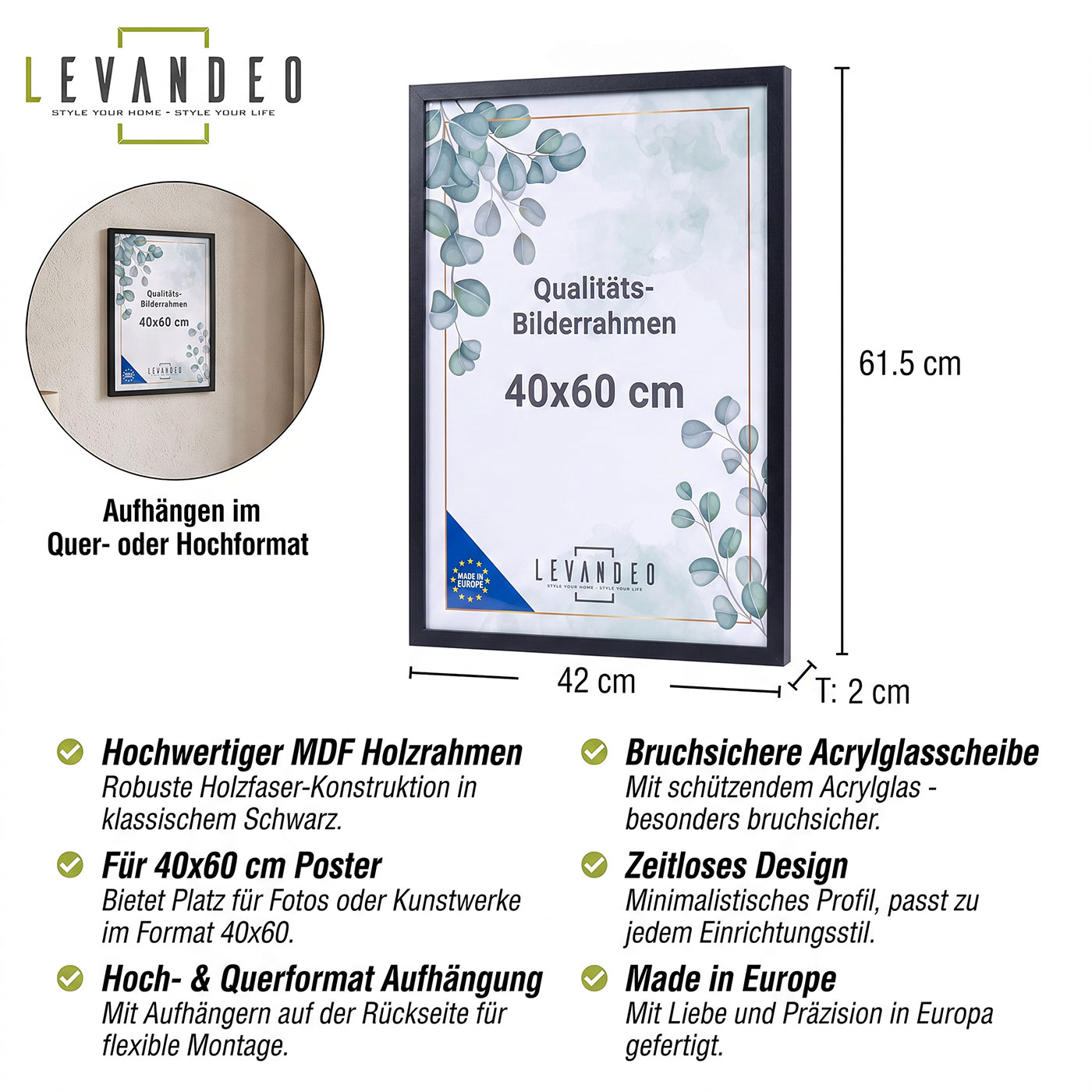 Fotorahmen 40x60 Schwarz MDF Holz Bilderrahmen Posterrahmen Poster Kunstdrucke