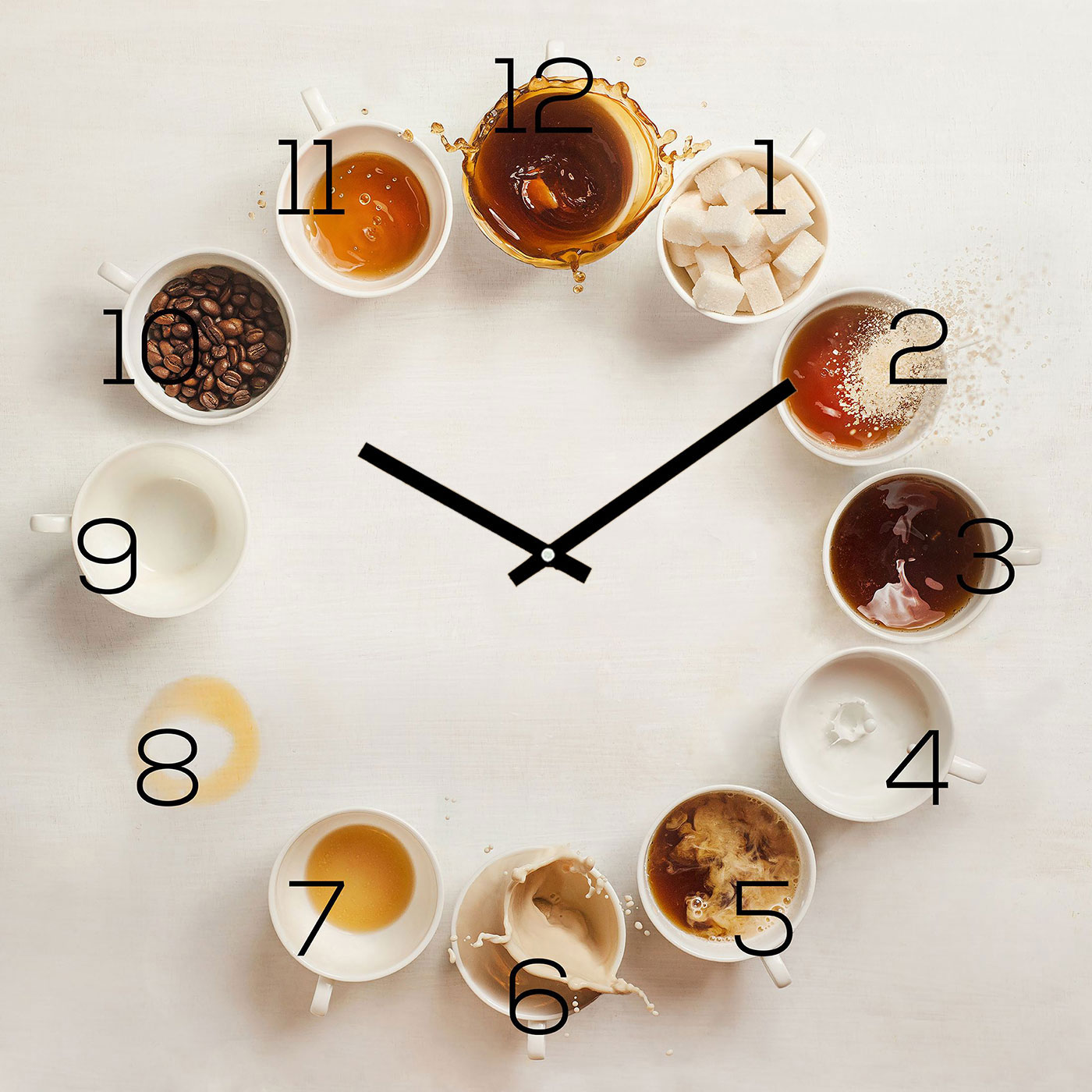 Wanduhr 30x30cm Alu-Dibond Küchenuhr Kaffee Tassen Alubild Uhr Wanddeko Küche