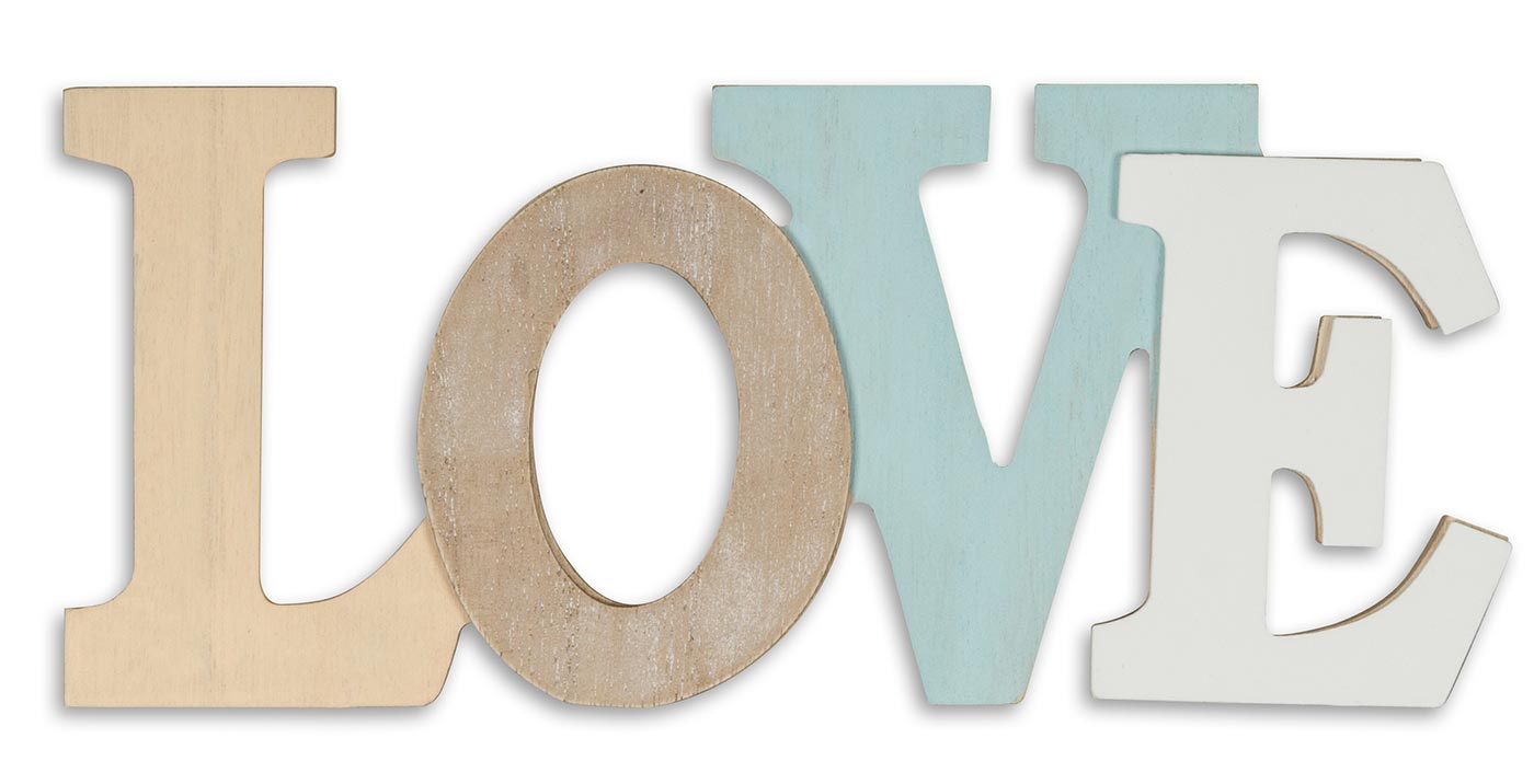 3D Schriftzug Love Holz 30x13cm Blau Weiß Natur Buchstaben zum Hängen