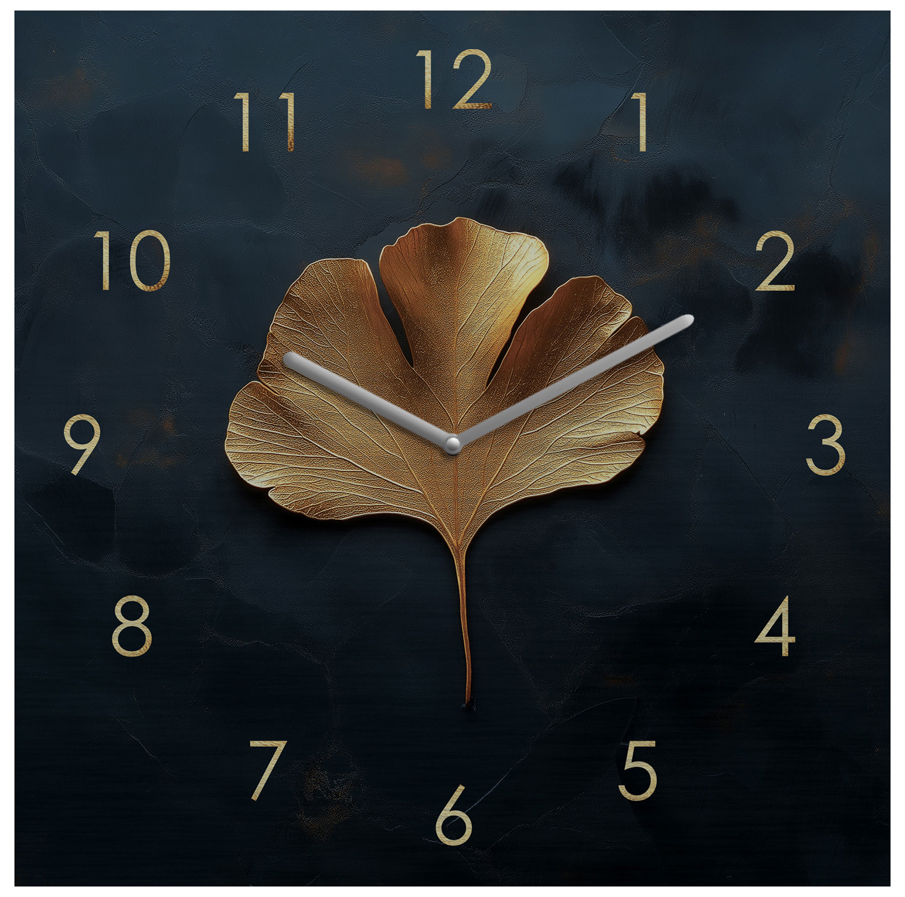 Wanduhr Metall 20x20cm Schwarz Gold Wanddeko Ginkgo Blatt Edel Design Metalluhr