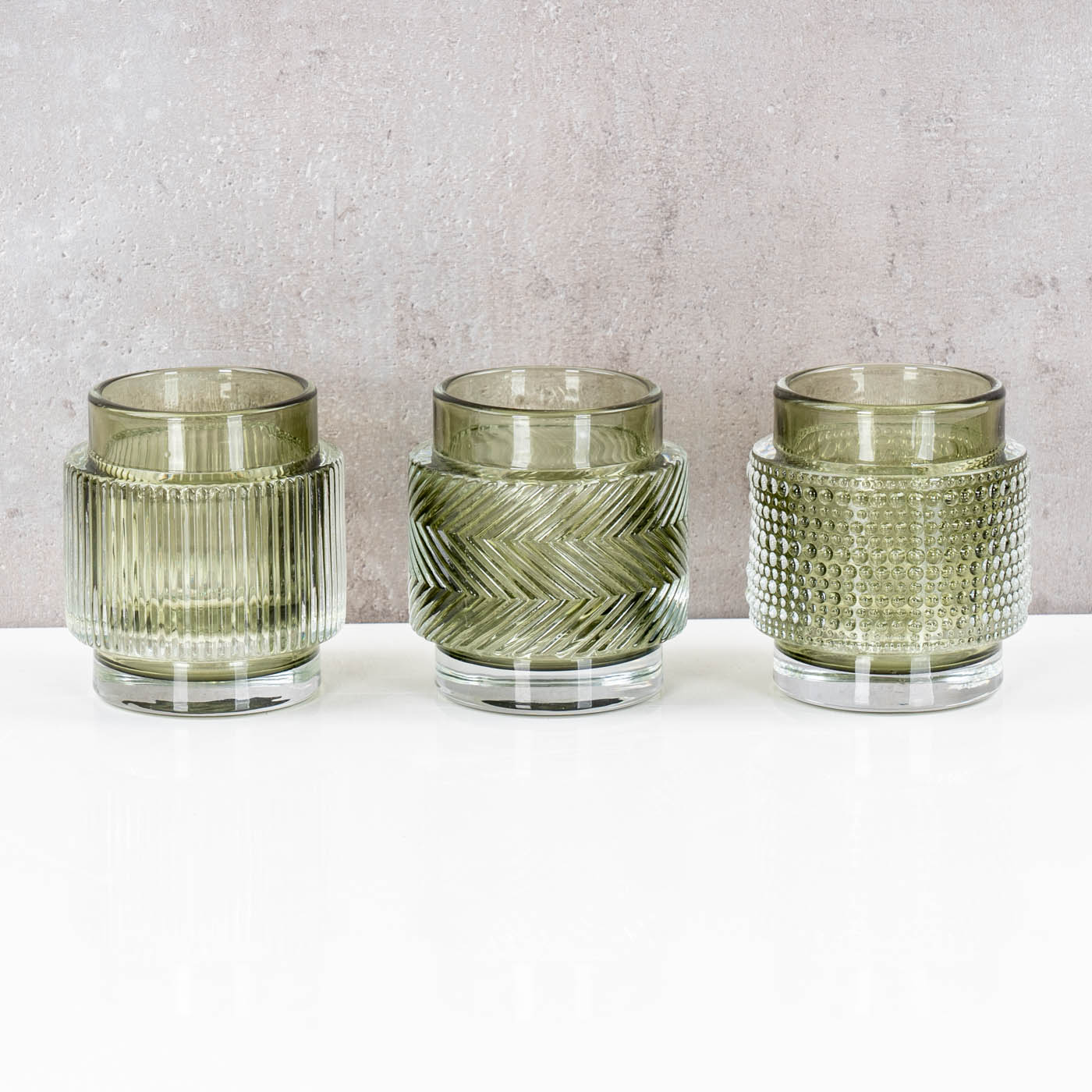 3er Set Teelichthalter Glas Grün H8cm Kerzenhalter Vintage Retro Tischdeko Deko