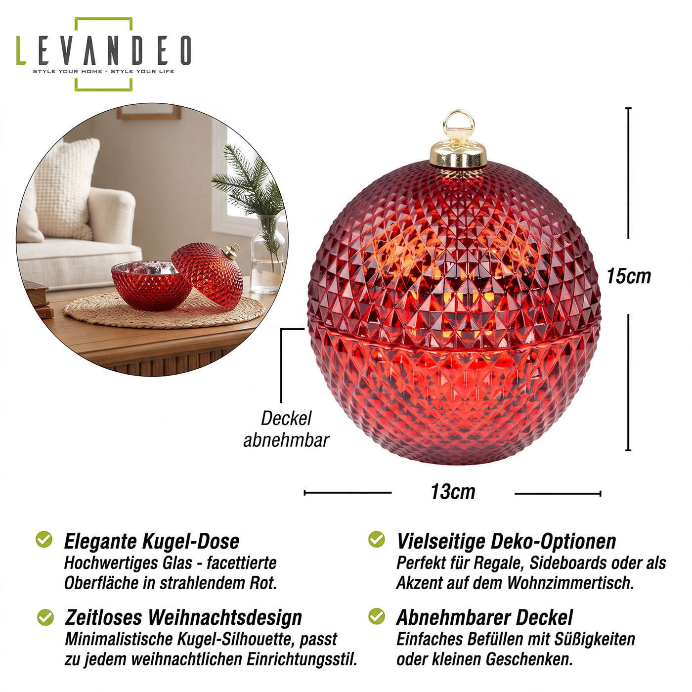 Deko Dose Weihnachten Ø13cm Weihnachtskugel Bonbon Glas Rot Tischdeko Candy Bar