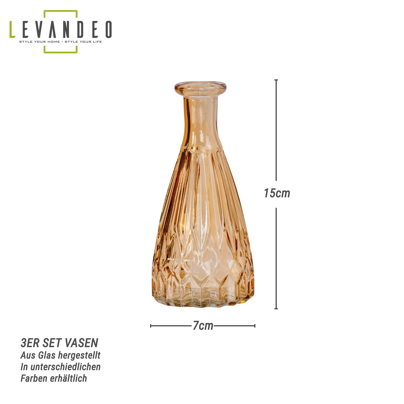 3er Set Vasen Glas H15cm Orange Amber Blumenvase Tischdeko Glasvase Blumendeko