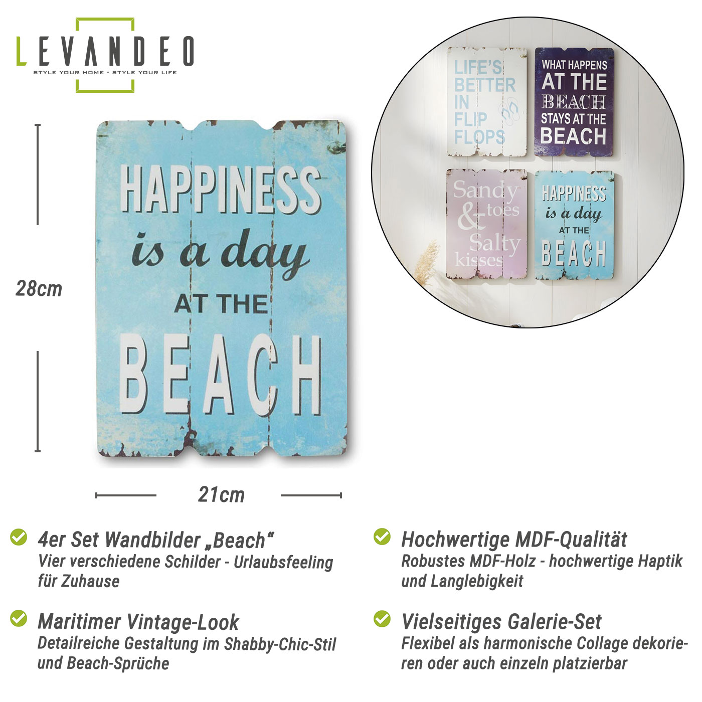4er Set Wandbilder Strand Meer MDF Holz Dekoschild Shabby Beach Maritim Wanddeko