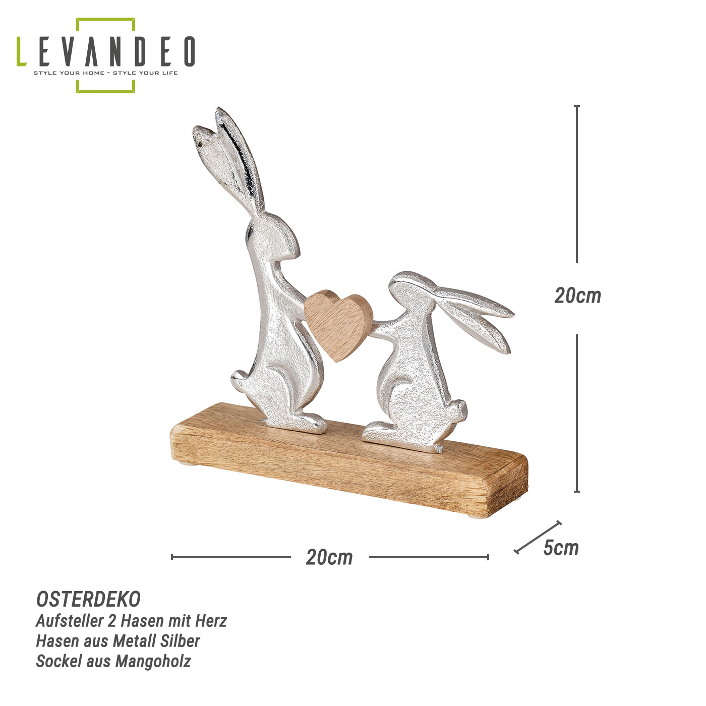 Osterhase Tischdeko Mangoholz Metall Braun Silber Natur Herz Ostern Deko Figur