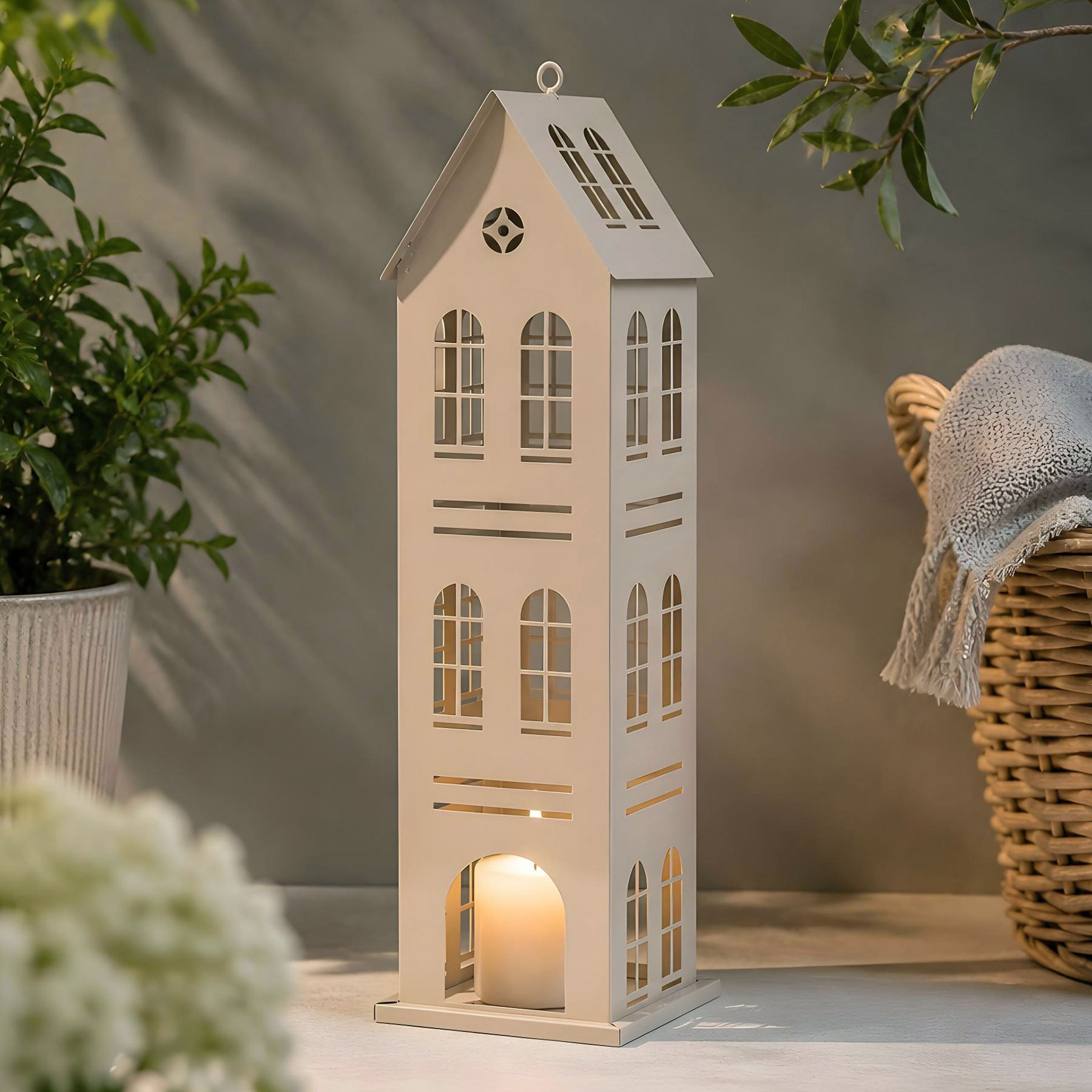Metall Laterne Haus Grau H49cm Dekohaus Windlicht Hausform Kerzenhalter Deko