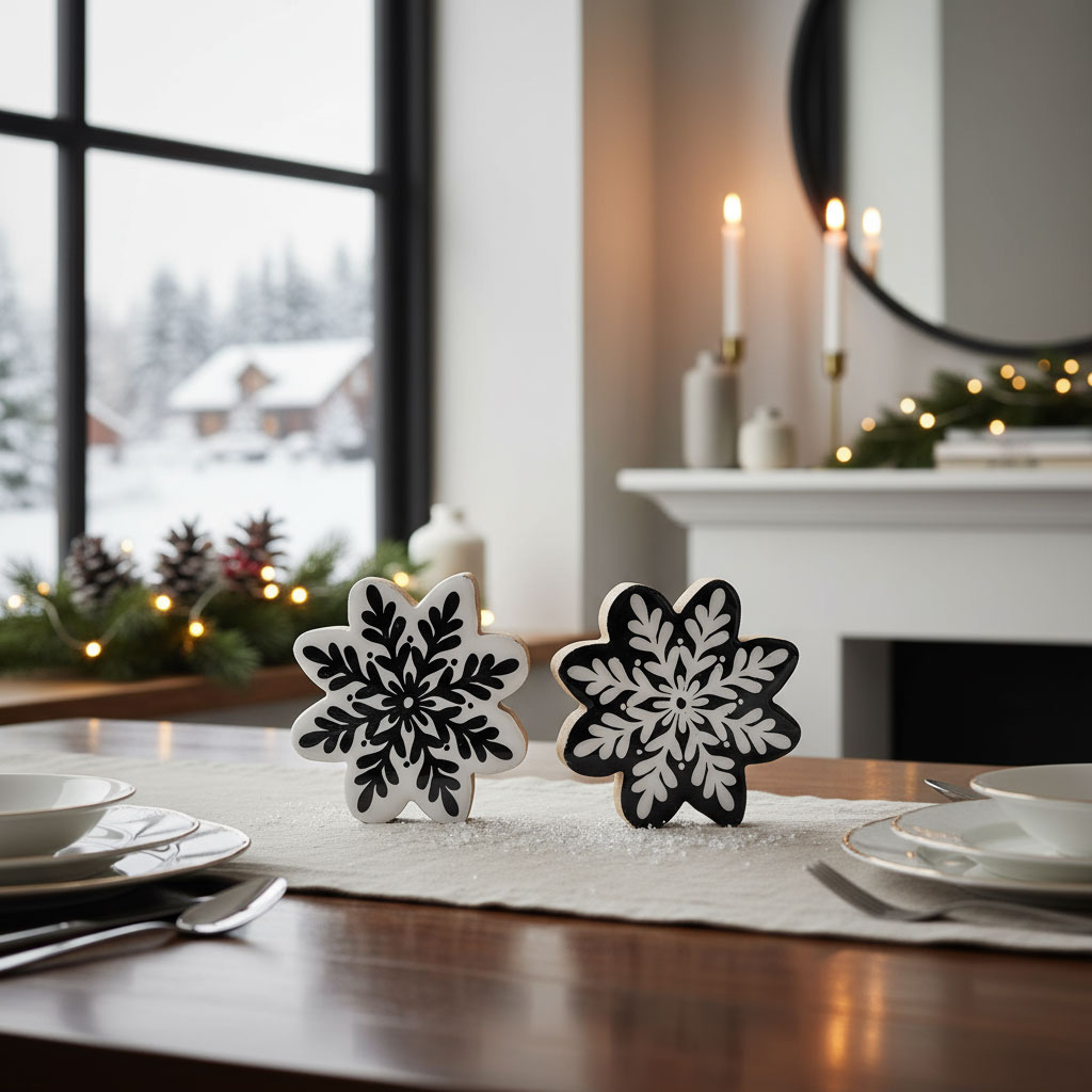 2er Set Deko Aufsteller Schneeflocke H12cm Schwarz Weiß Holz Weihnachtsdeko Tisch