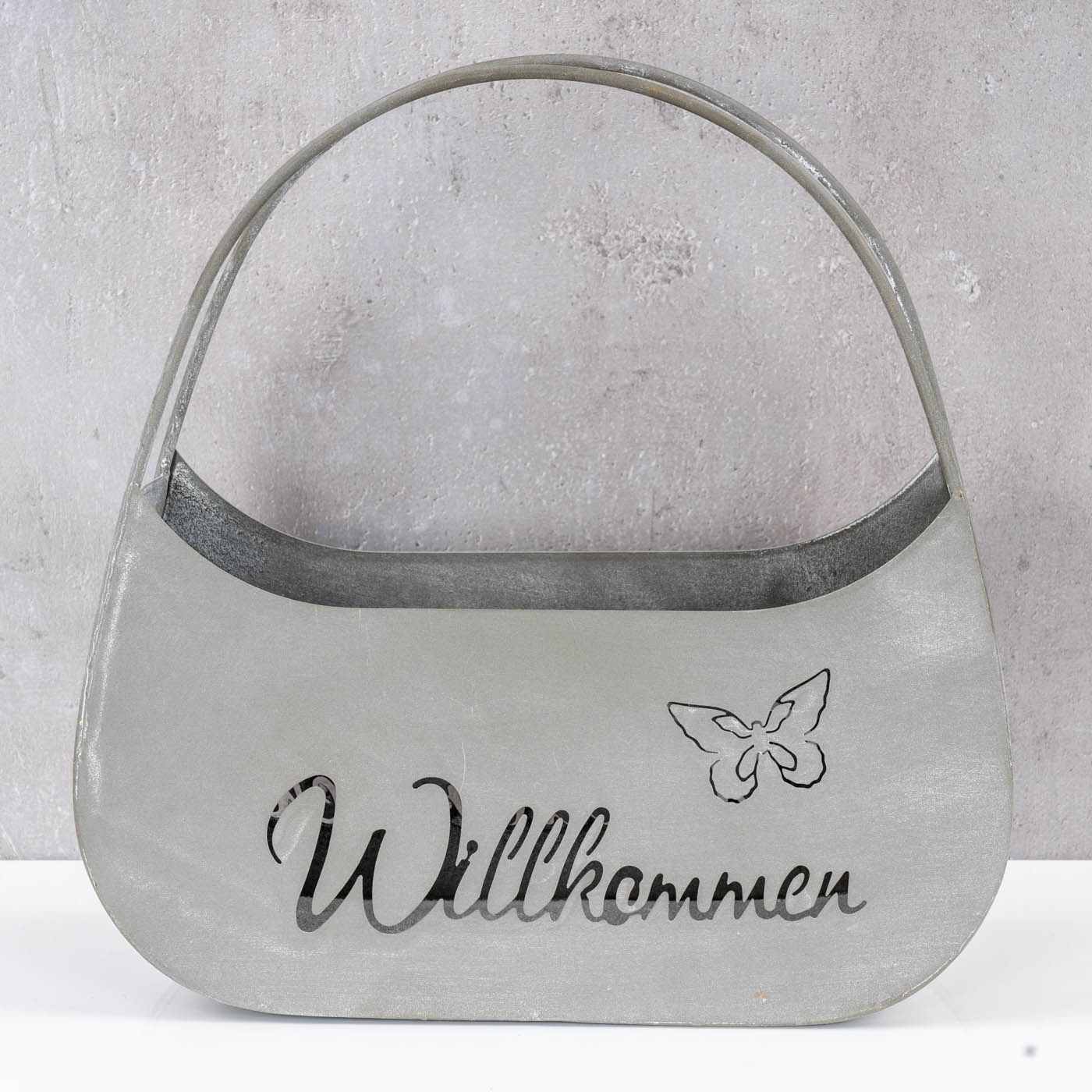 Blumentopf Tasche Willkommen L25cm Grau Metall Pflanztopf Garten-Deko Blumen