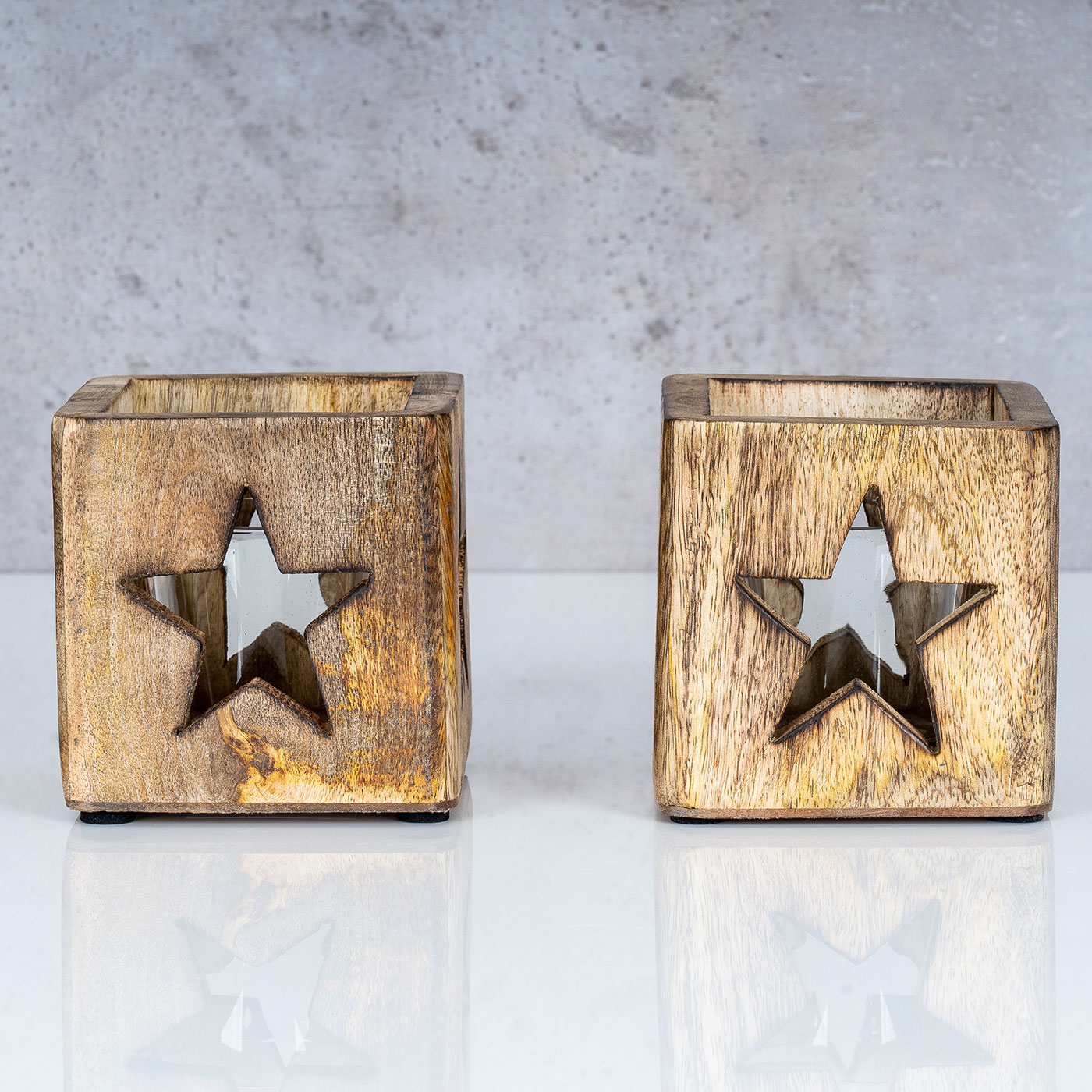 2er Set Windlicht Stern 9cm Mangoholz Teelicht Glaseinsatz Teelichthalter Kerze