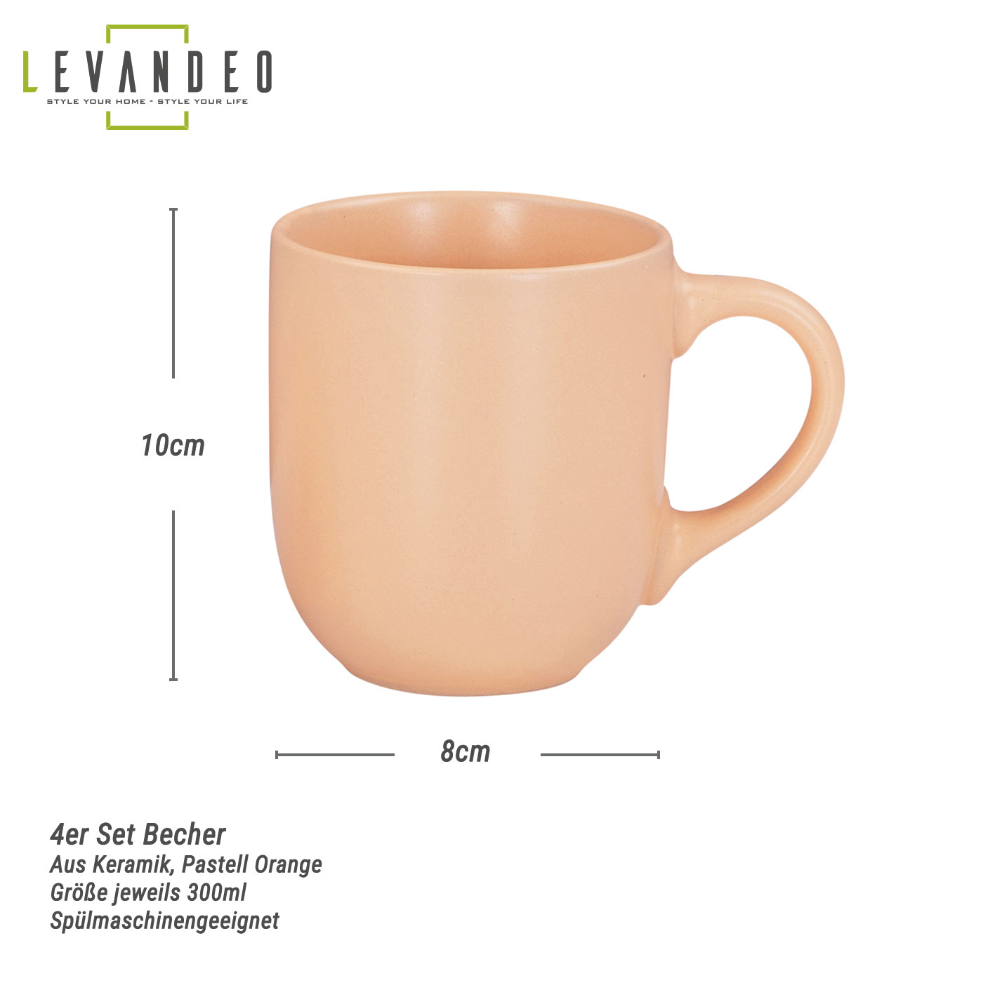4er Set Steingut Tassen 300ml Pastell Orange Kaffeetasse Kaffeebecher Design