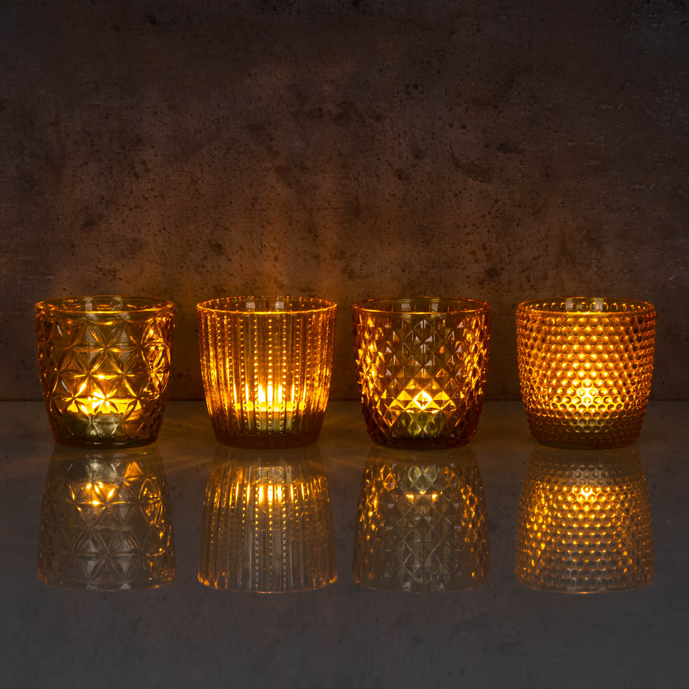 8er Set Windlicht H7,5cm Glas Gelb Teelichthalter Tischdeko Kerzen Retro Deko