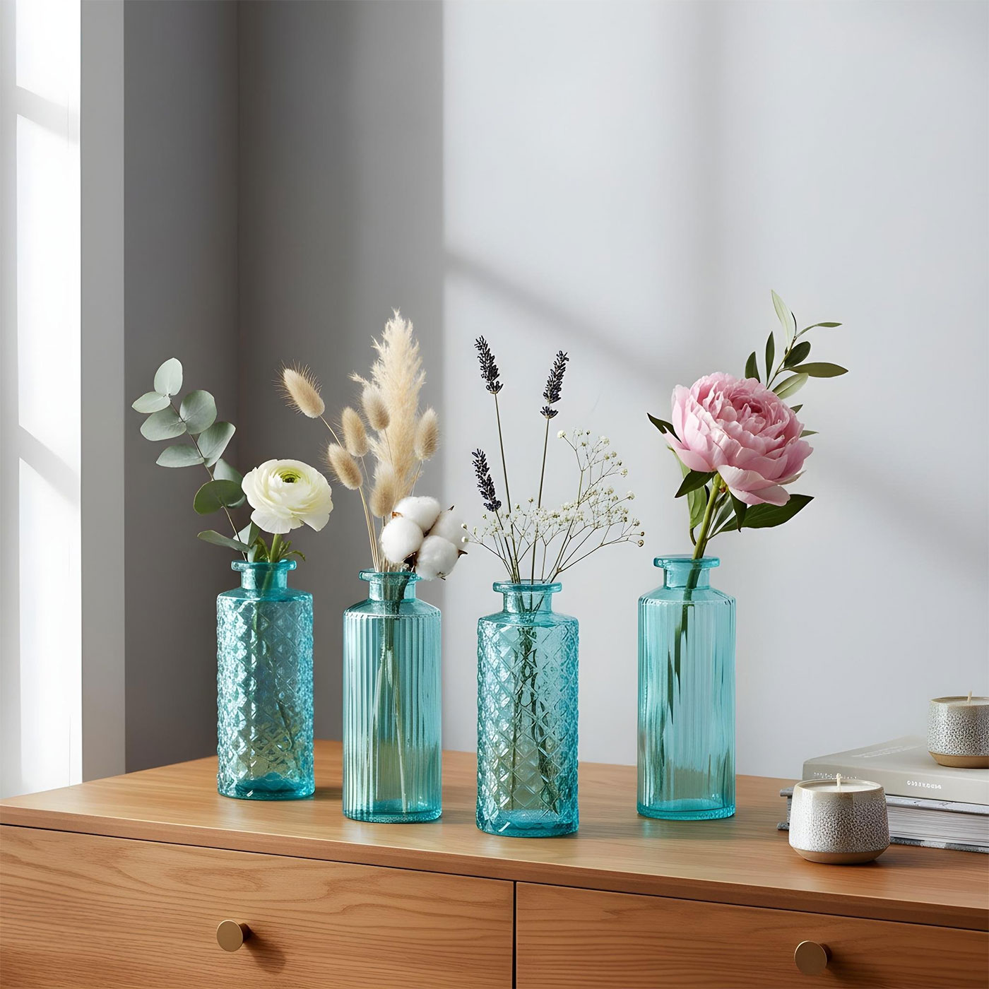 4er Set Vase Türkis H14cm Glas Blumenvase Retro Tischdeko Frühlingsdeko Glasvase