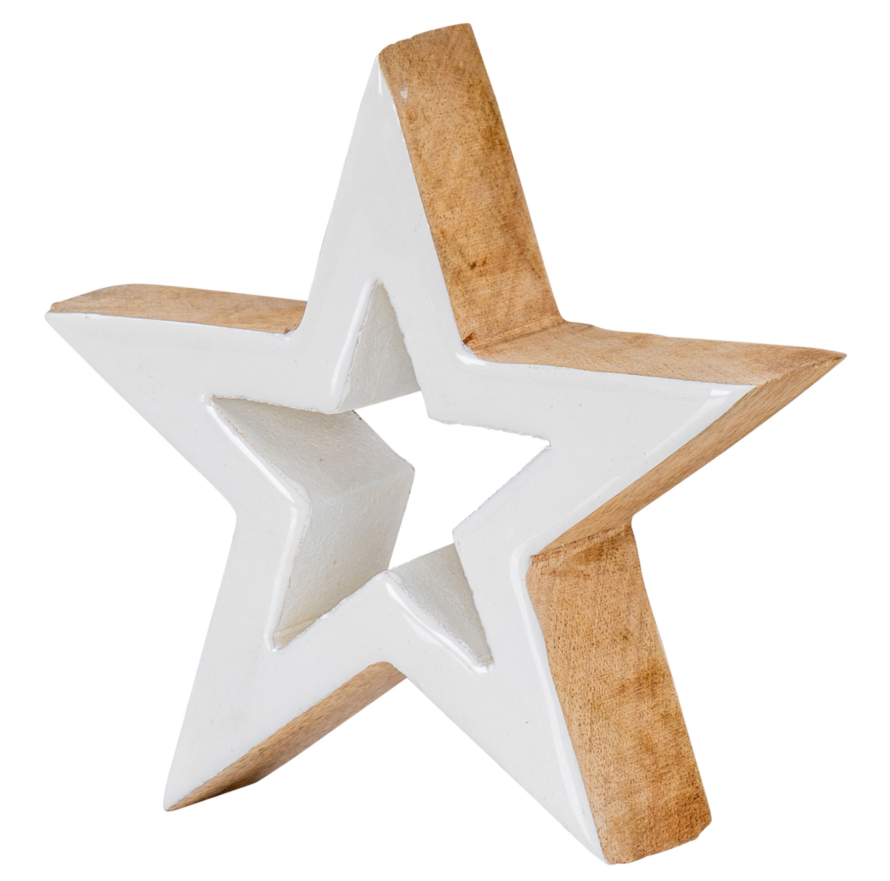 Holz Stern 15x15cm Mango Weiß Natur Braun Tischdeko Deko Aufsteller Rustikal