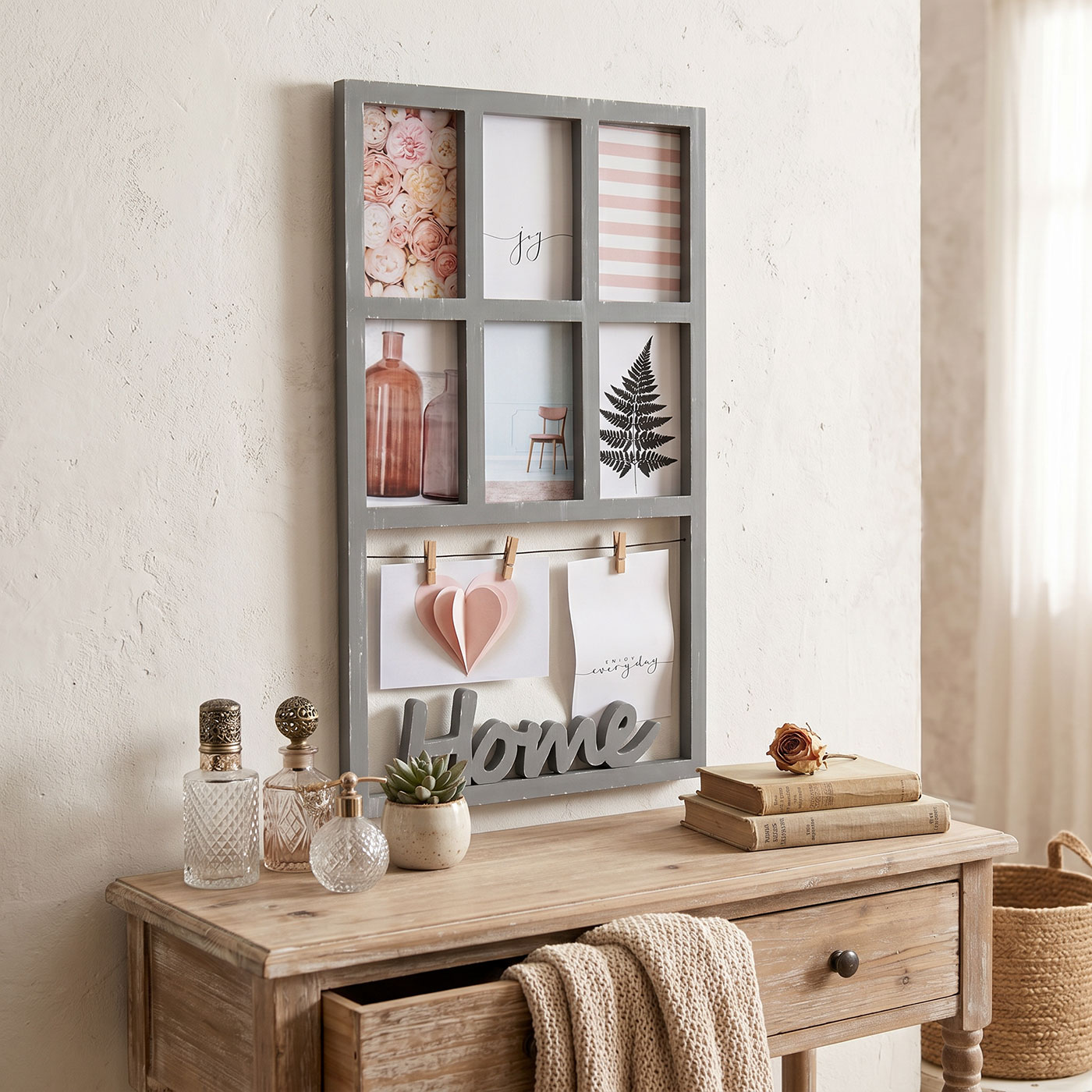 Bilderrahmen H56cm 6 Fotos Grau Home Klammern Shabby Chic Fotorahmen Collage
