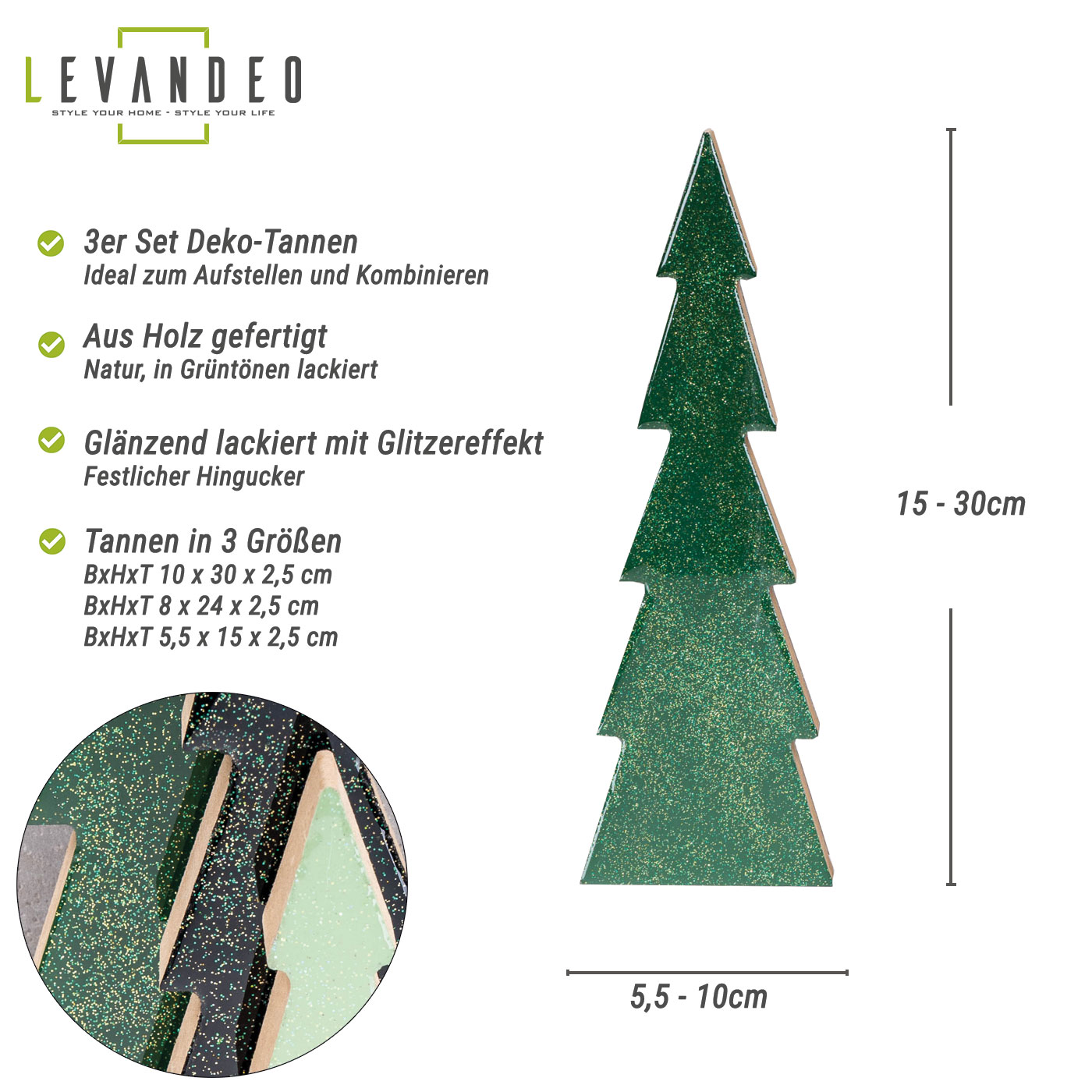 3er Set Deko Aufsteller Tannenbaum H15-30cm Grün Schwarz Holz Weihnachtsdeko