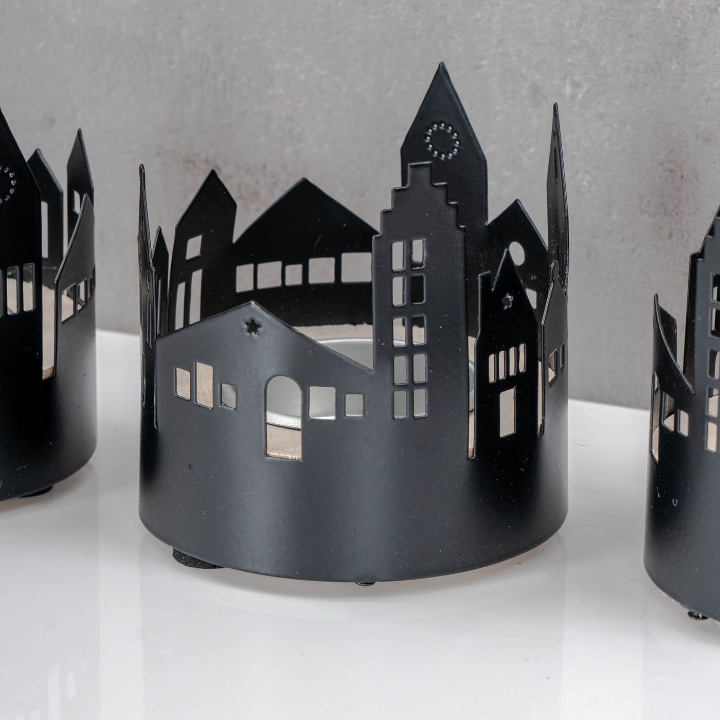 4er Set Teelichthalter Schwarz Metall Haus Windlicht Tischdeko Kerzenhalter Deko