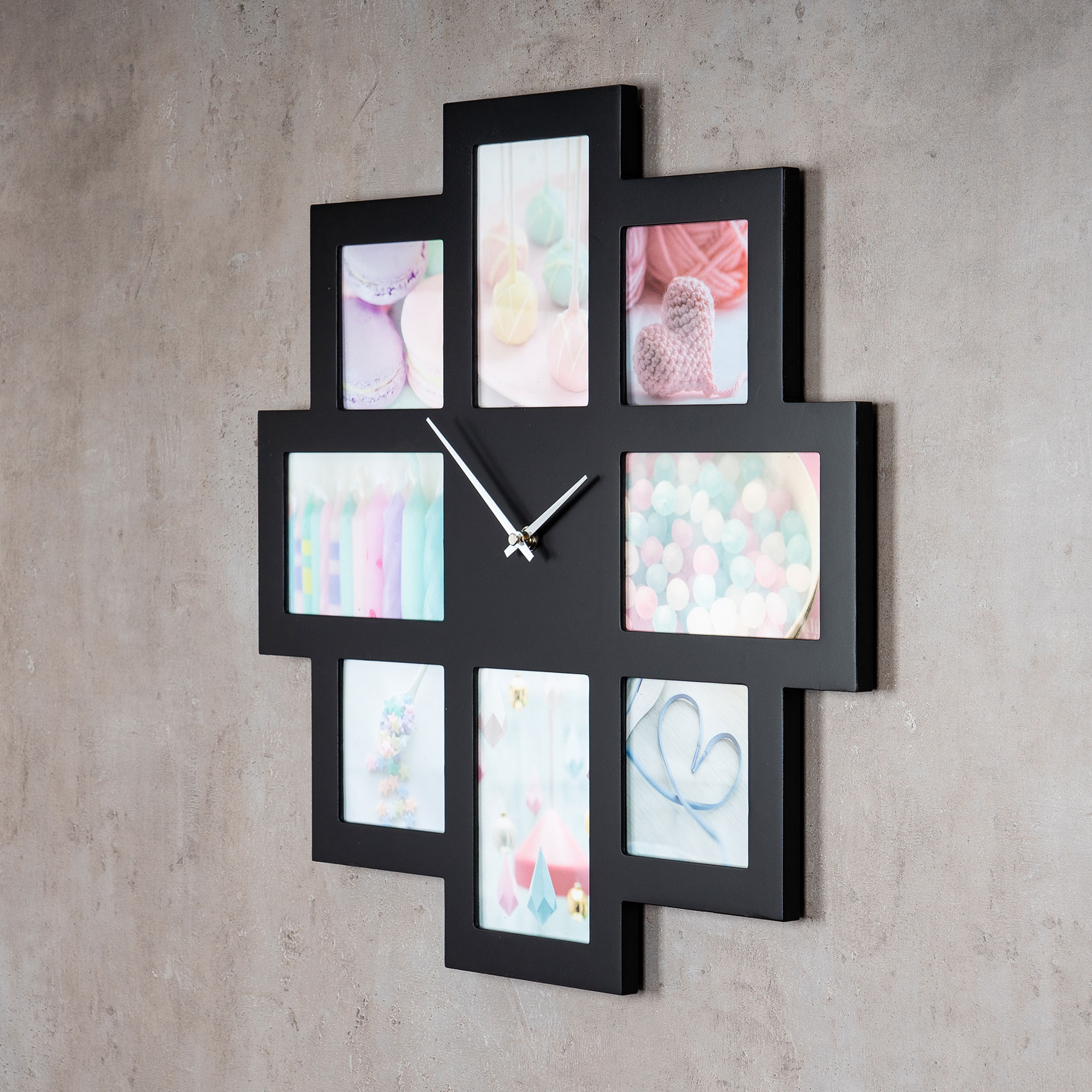 Wanduhr Schwarz 48x48cm Holz Bilderrahmen 8 Fotos Fotorahmen Collage Fotouhr