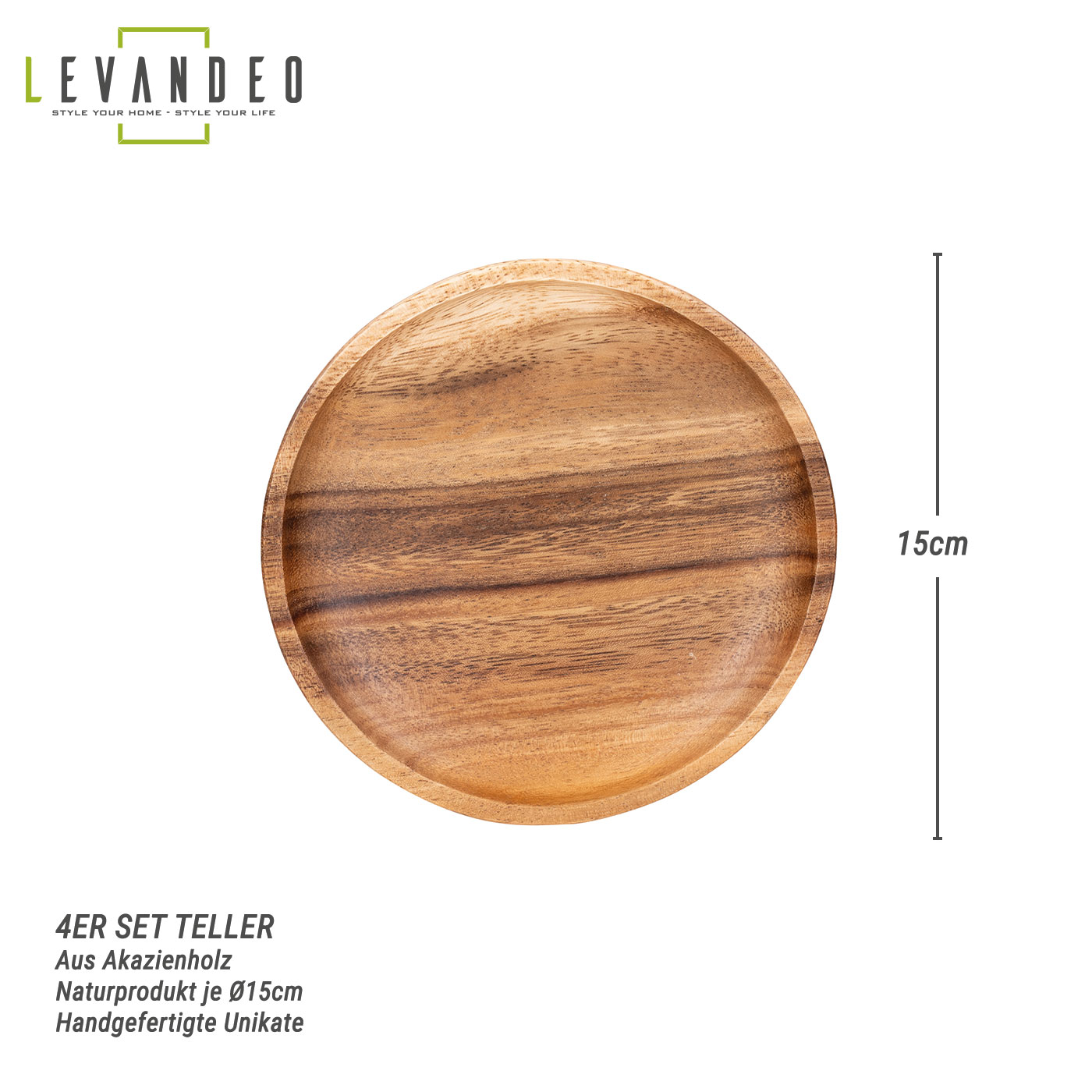 4er Set Runde Teller Akazie Ø15cm Holzteller Snackteller Dekoteller Deko Unikat