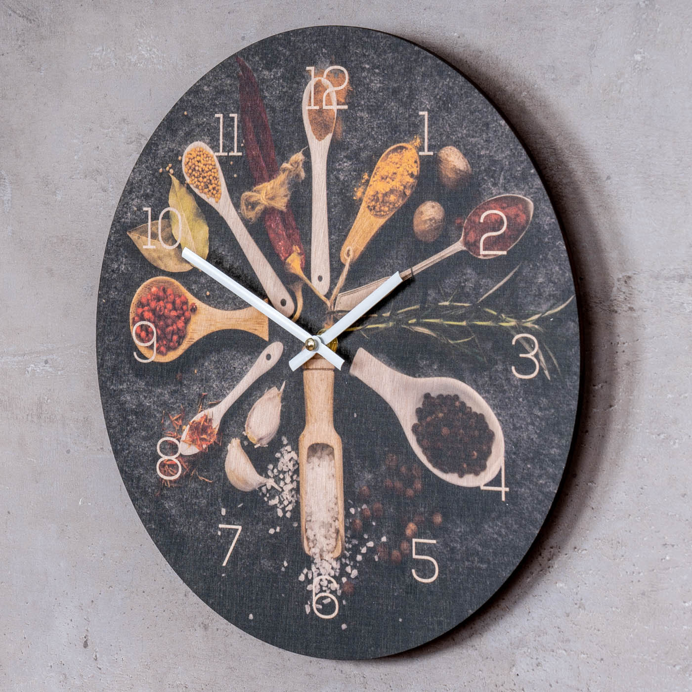 Wanduhr Holz 30x30cm Rund Uhr Holzbild Gewürze Küche Kräuter Wanddeko Holzuhr