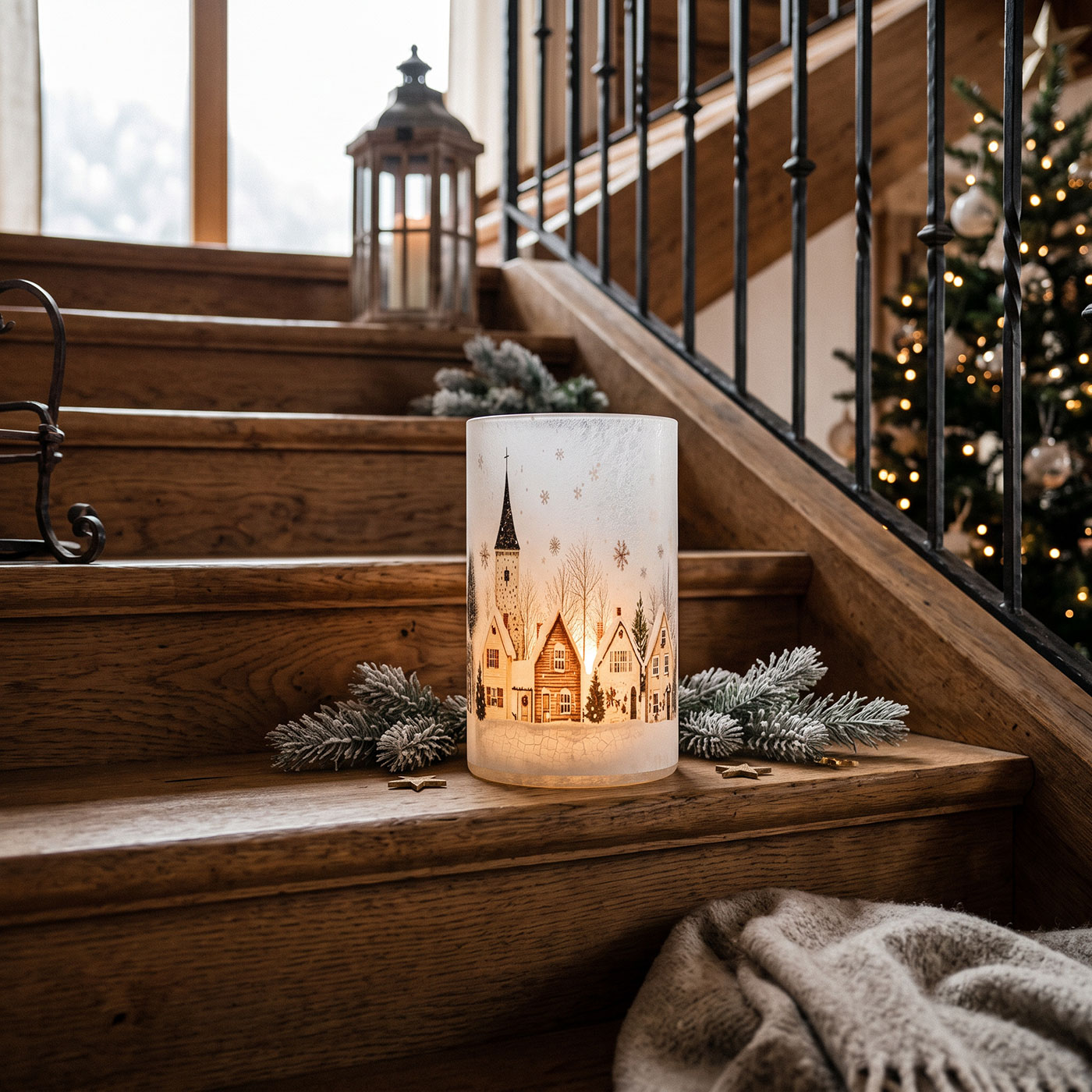 Windlicht H20cm Crackle Glas Teelichthalter Winter Weihnachten Kerzen Tischdeko