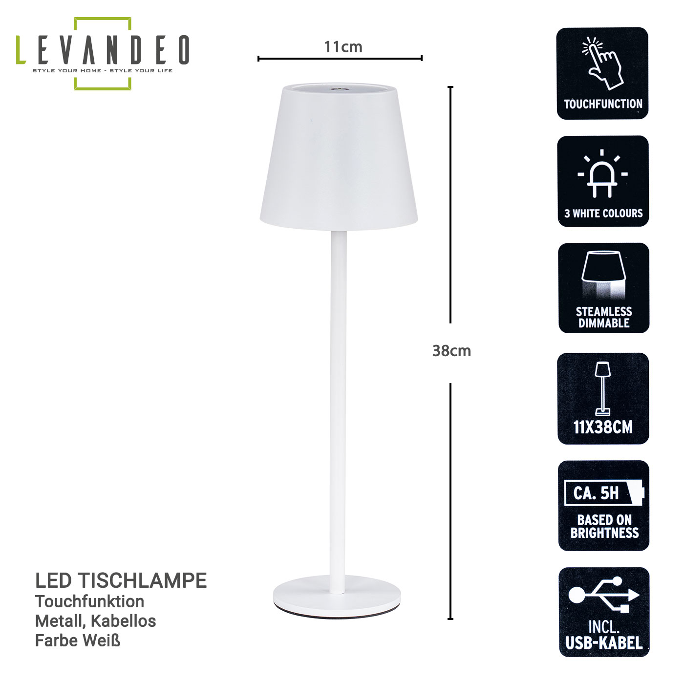 LED Tischlampe H38cm Weiß Metall Kabellos Nachttischlampe Leuchte Dimmbar Deko