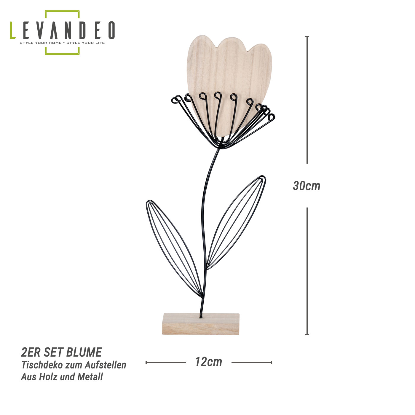 2er Set Deko Aufsteller Blume Metall Holz Schwarz Natur Draht Deko Tischdeko