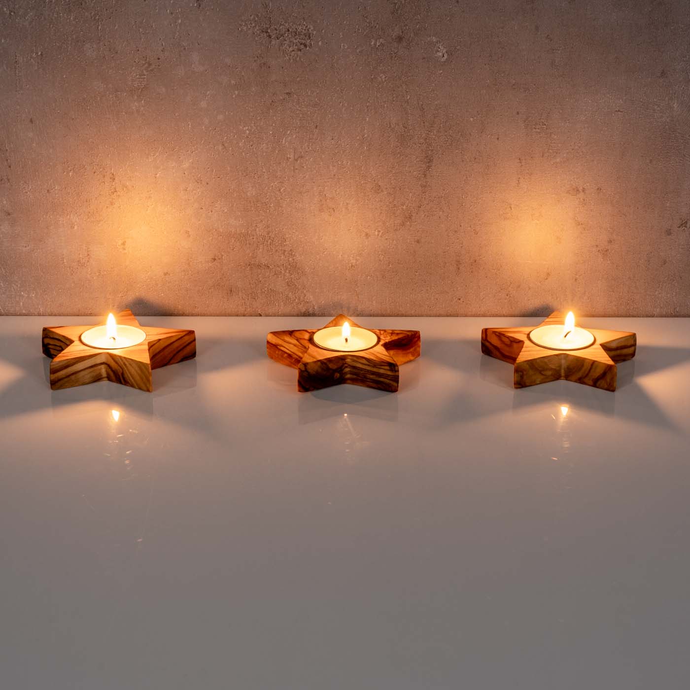 3er Set Teelichthalter Olivenholz Stern Natur Kerzenhalter Holz Tischdeko Unikat