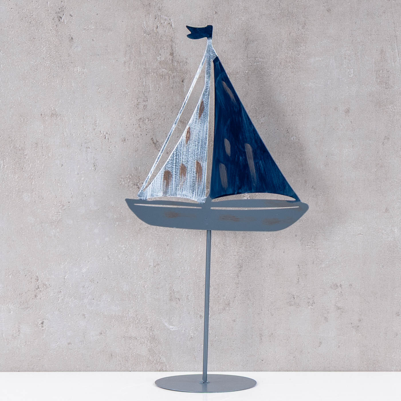 Deko Aufsteller Segelboot H35cm Grau Blau Weiß Metall Tischdeko Maritim Dekofigur
