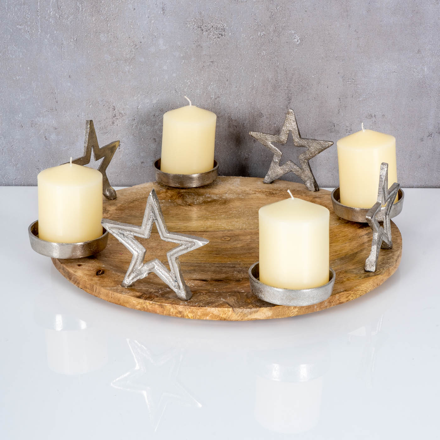 Adventskranz ø36cm Mango Holz Silber Natur Kerzenhalter Sterne Weihnachten Deko