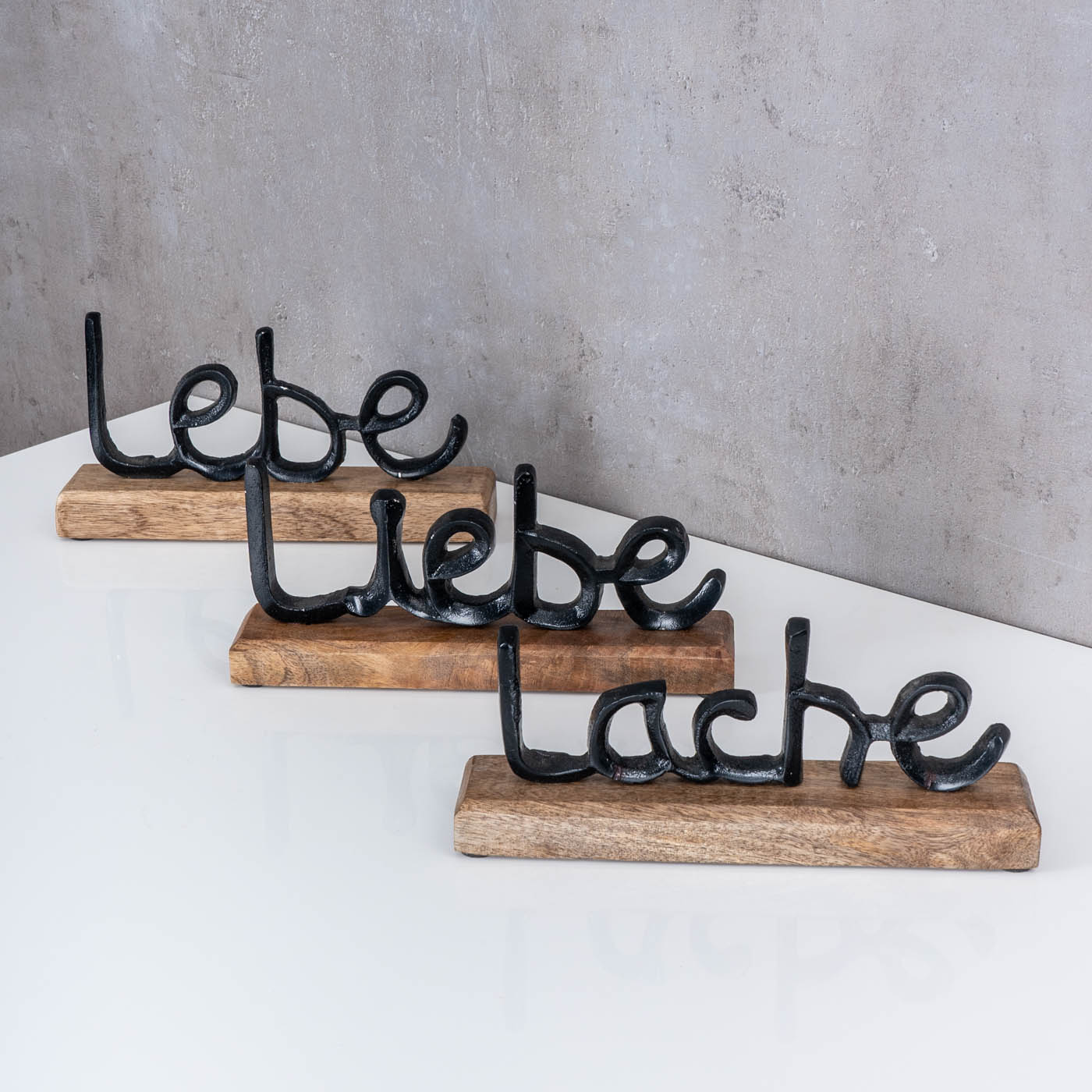3er Set Schriftzug Lebe Lache Liebe L22cm Metall Schwarz Mango Holz Tisch-Deko