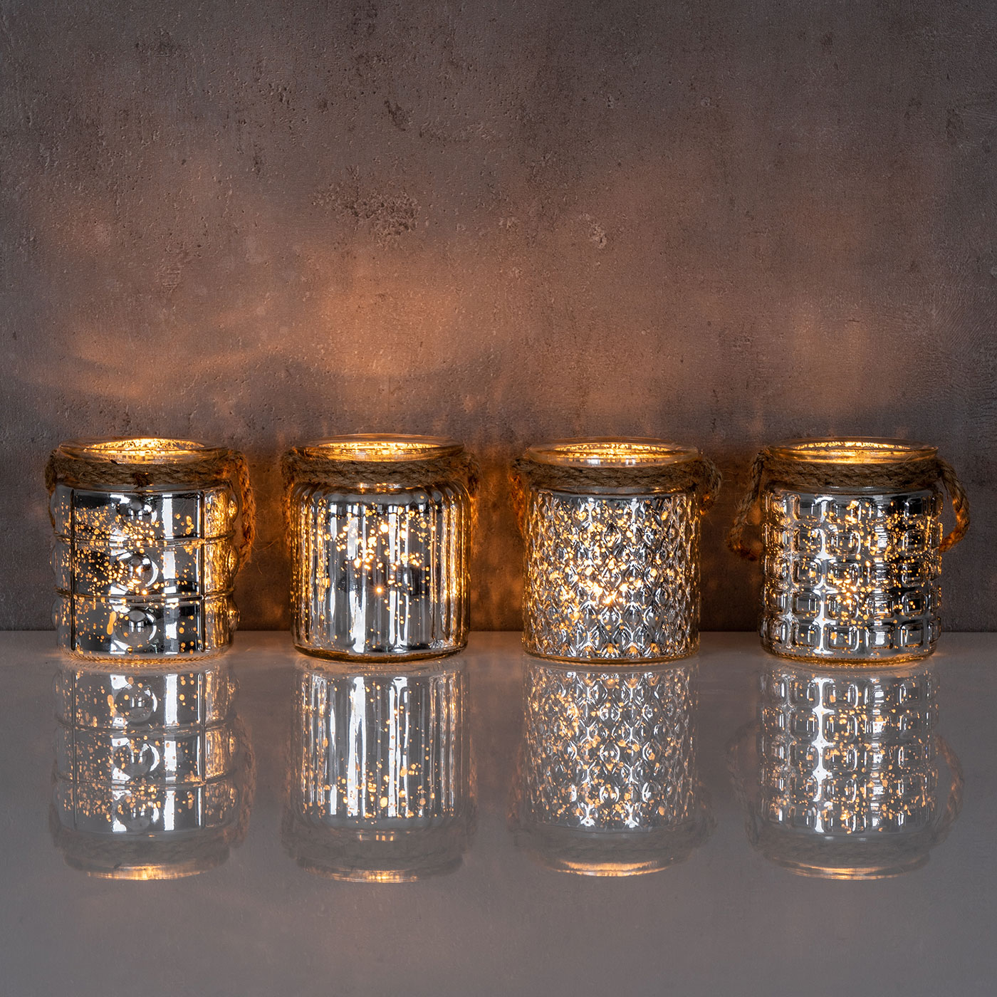 4er Set Windlicht Glas Silber H10cm Teelichthalter Tischdeko Kerzen Retro Deko
